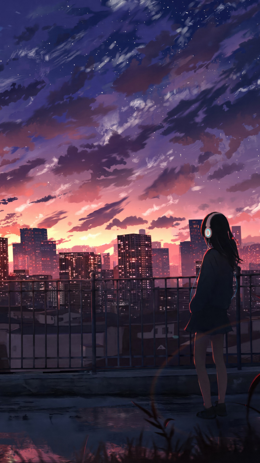 Anime girl listening to music on a rooftop at sunset HD Phone Wallpaper
