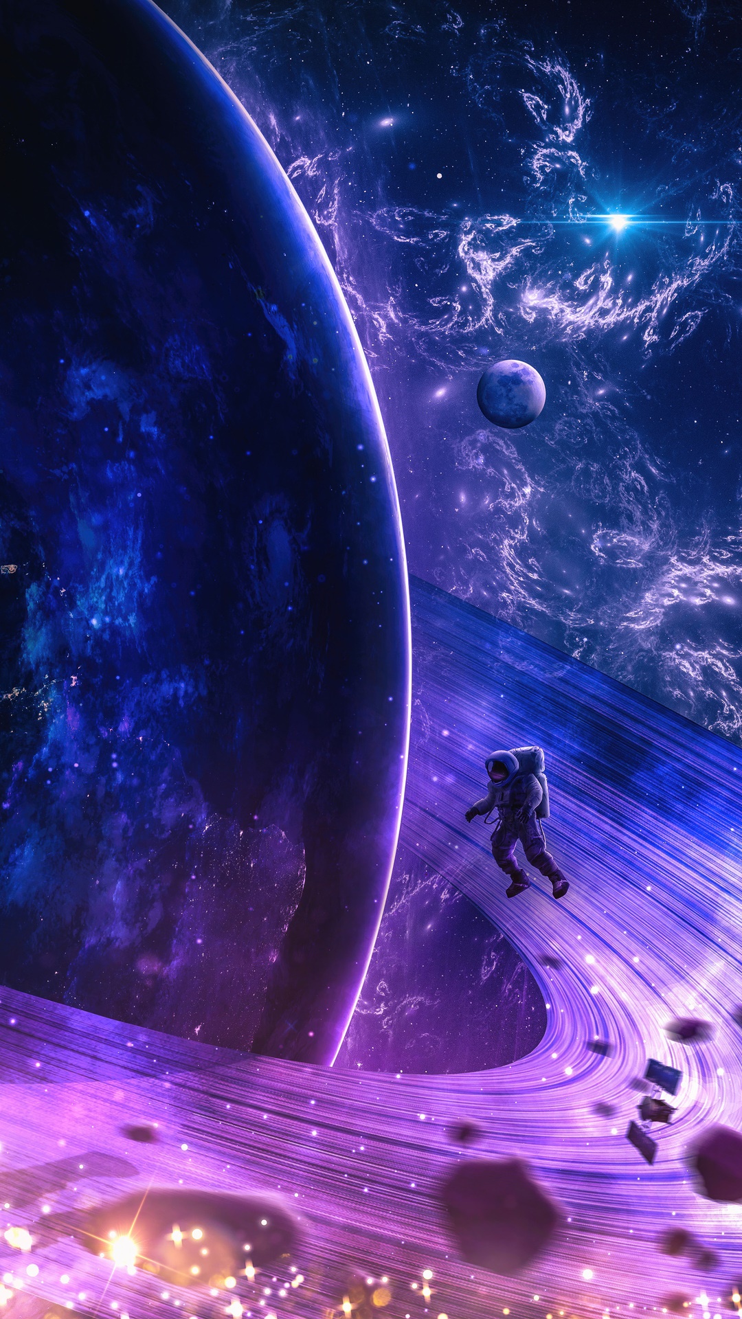 Astronaut floating near a large planet and rings HD Phone Wallpaper