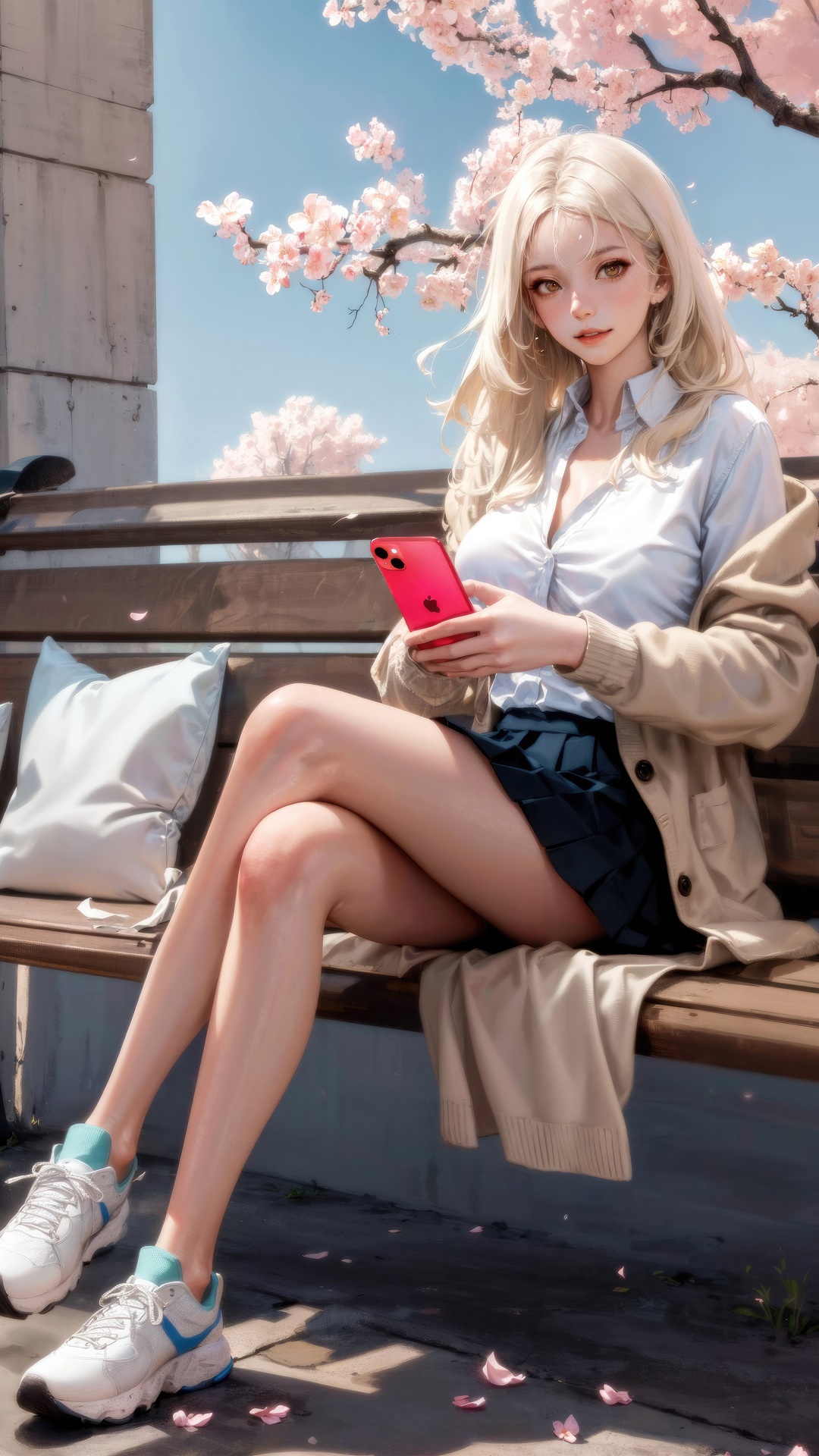 Anime girl with blonde hair holding a pink phone HD Phone Wallpaper