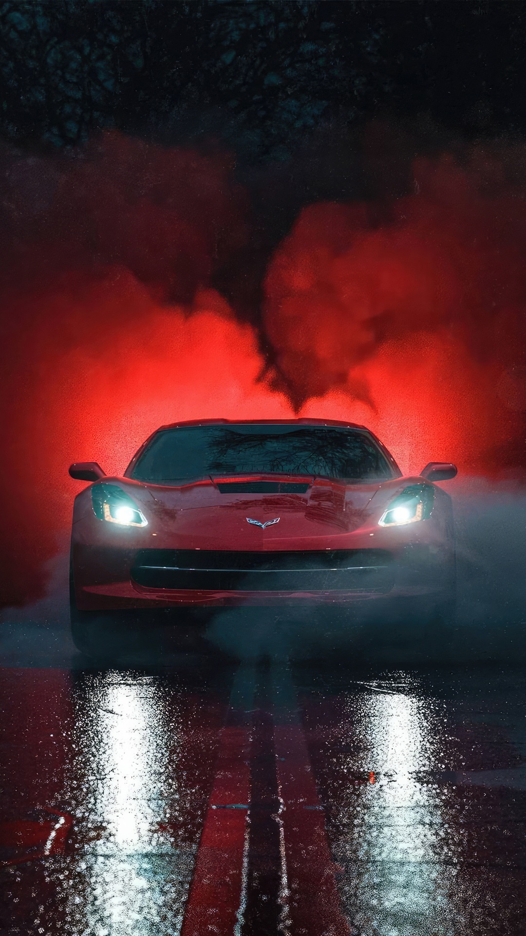 Red Corvette C8 in red smoke and rain HD Phone Wallpaper