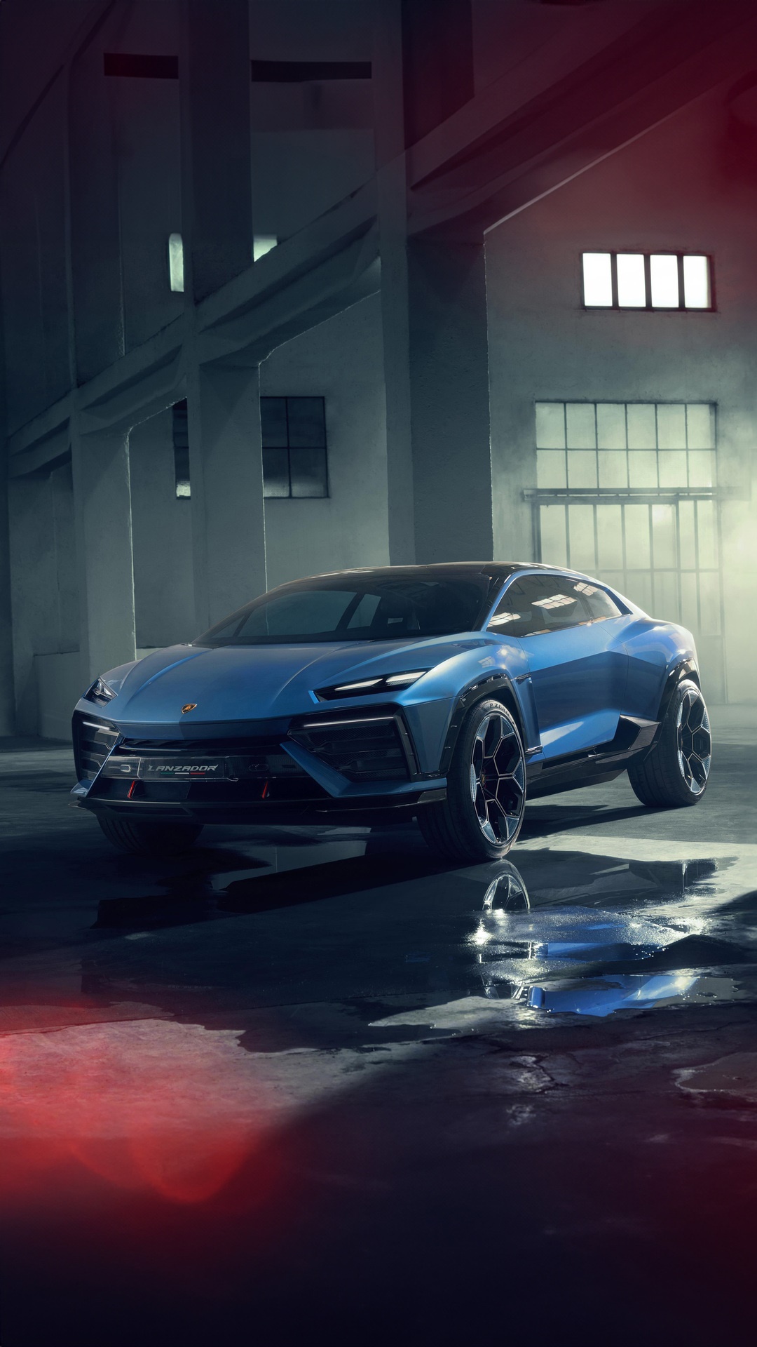 Lamborghini Lanzador concept car in a warehouse HD Phone Wallpaper