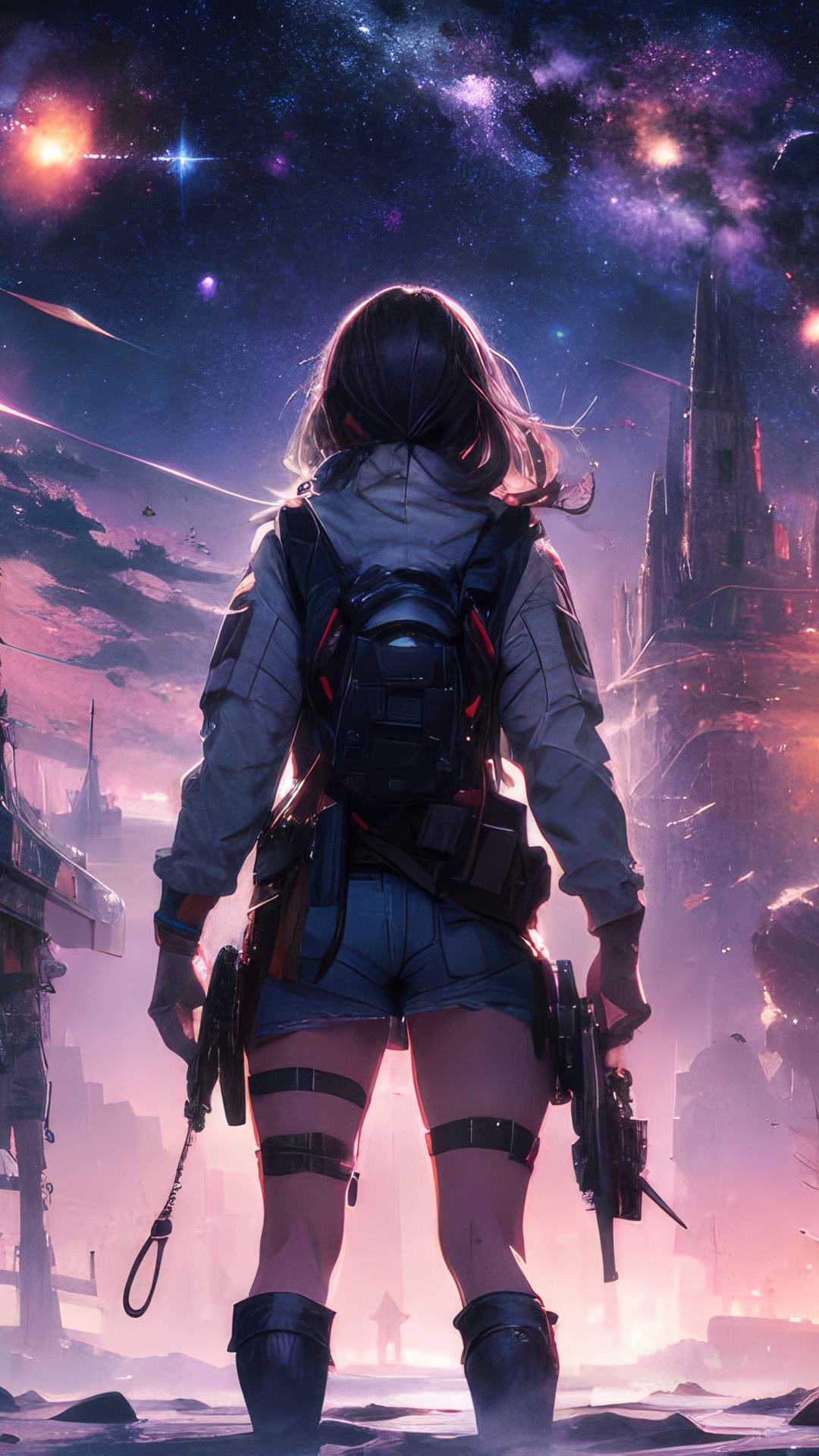 Anime Girl with Guns in Sci-Fi Apocalypse HD Phone Wallpaper