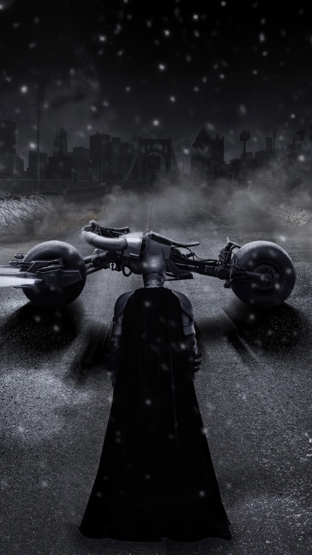 Batman and Batcycle in a snowy city HD Phone Wallpaper
