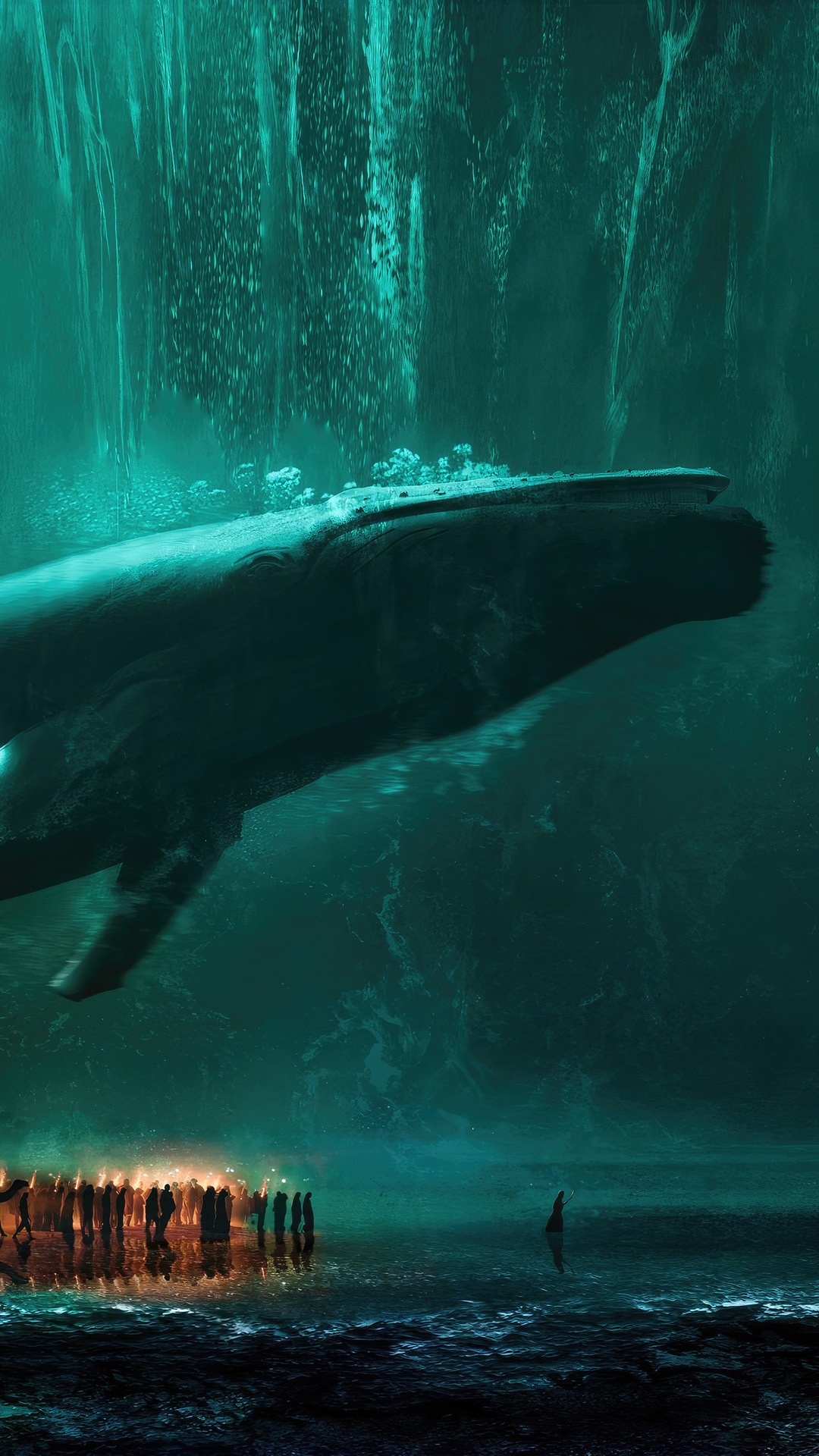 Whale and people by a waterfall HD Phone Wallpaper