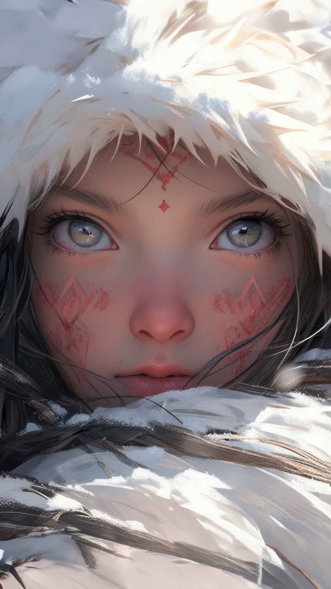Close-up of a young girl with face paint and fur hood HD Phone Wallpaper