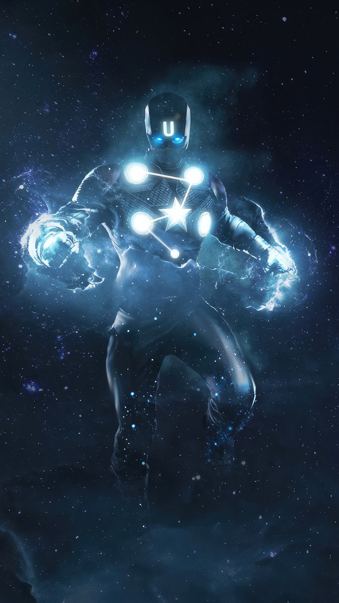 Superhero with a star emblem and U on helmet in space HD Phone Wallpaper