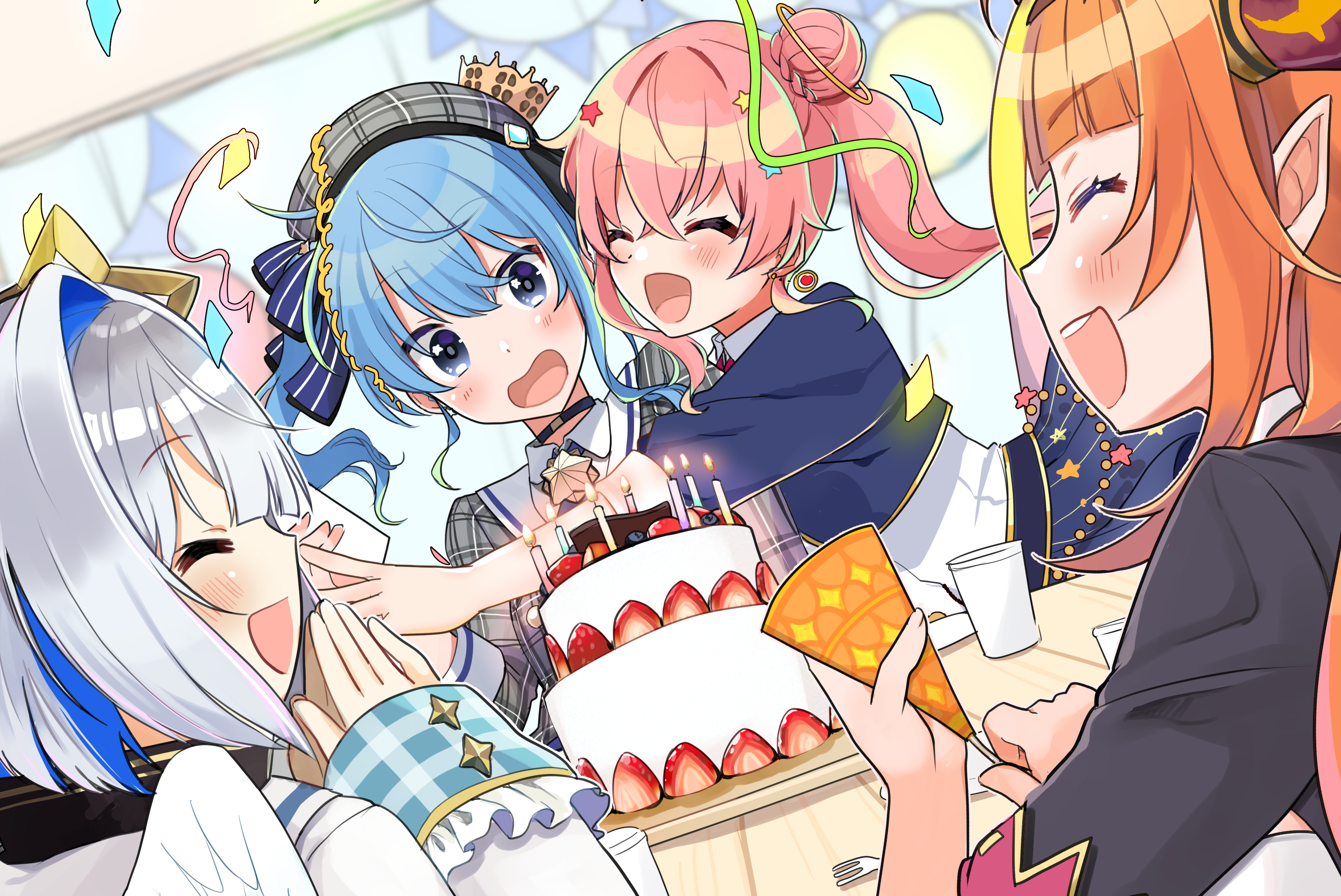 Hololive's Kiryu Coco, Suisei Hoshimachi, and others celebrate with cake HD Wallpaper