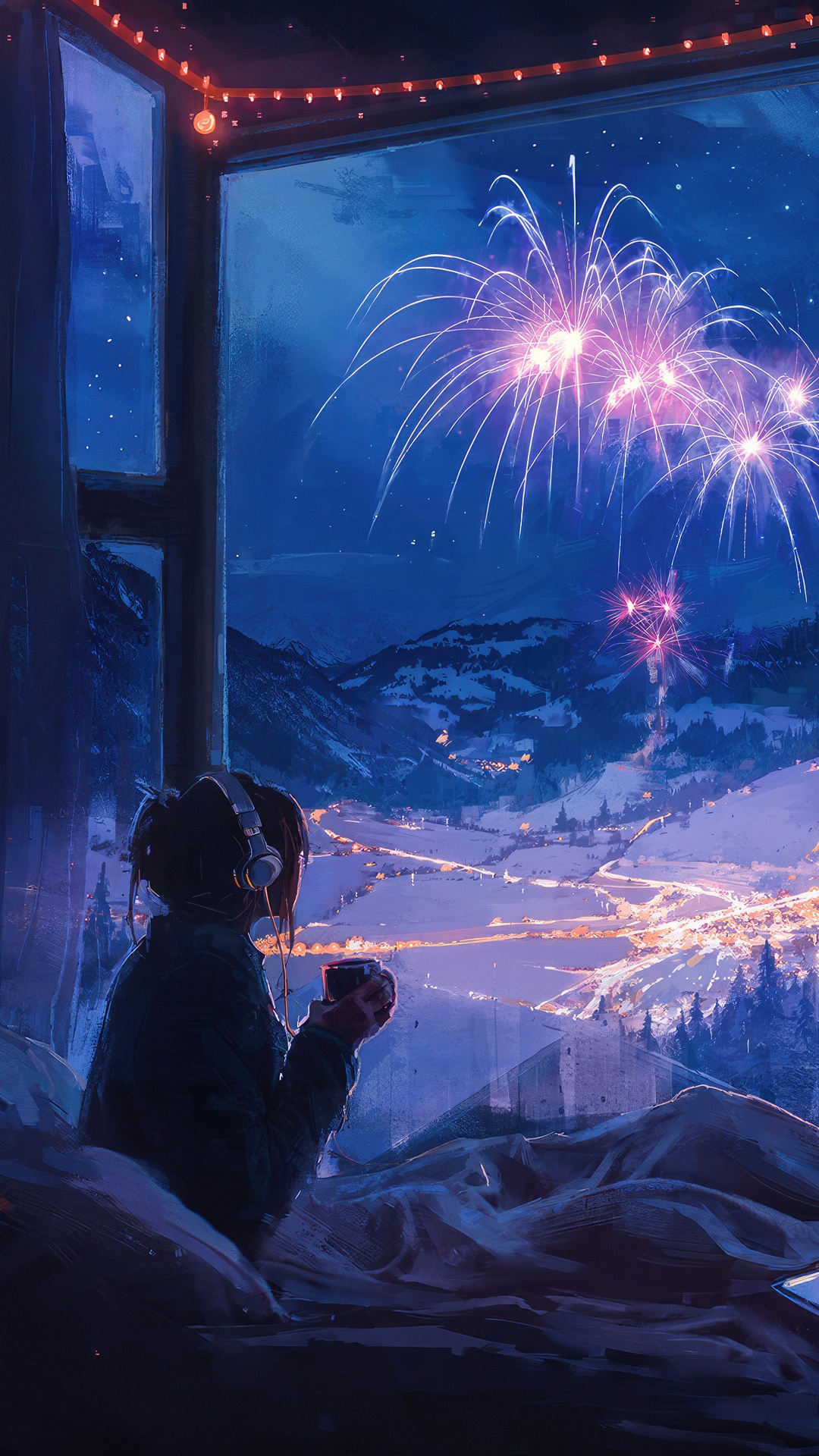 Girl with headphones watches fireworks from window HD Phone Wallpaper