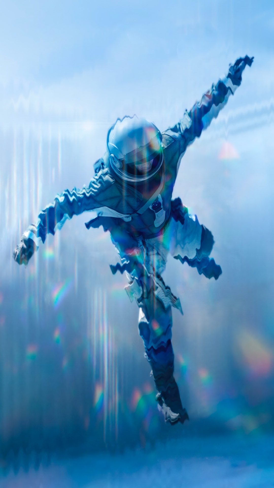 Astronaut floating in a distorted blue sky HD Phone Wallpaper