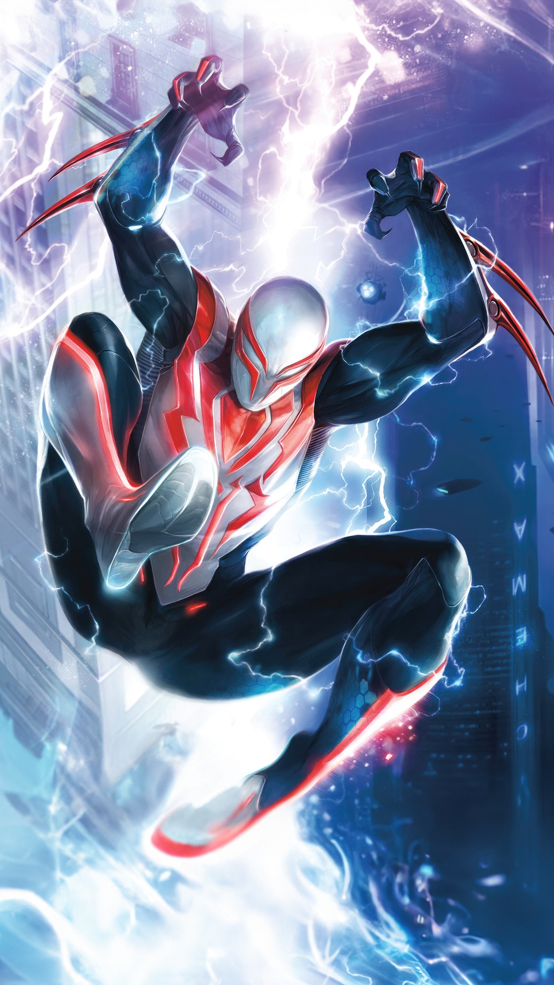 Spider-Man 2099 in a dynamic pose with lightning HD Phone Wallpaper