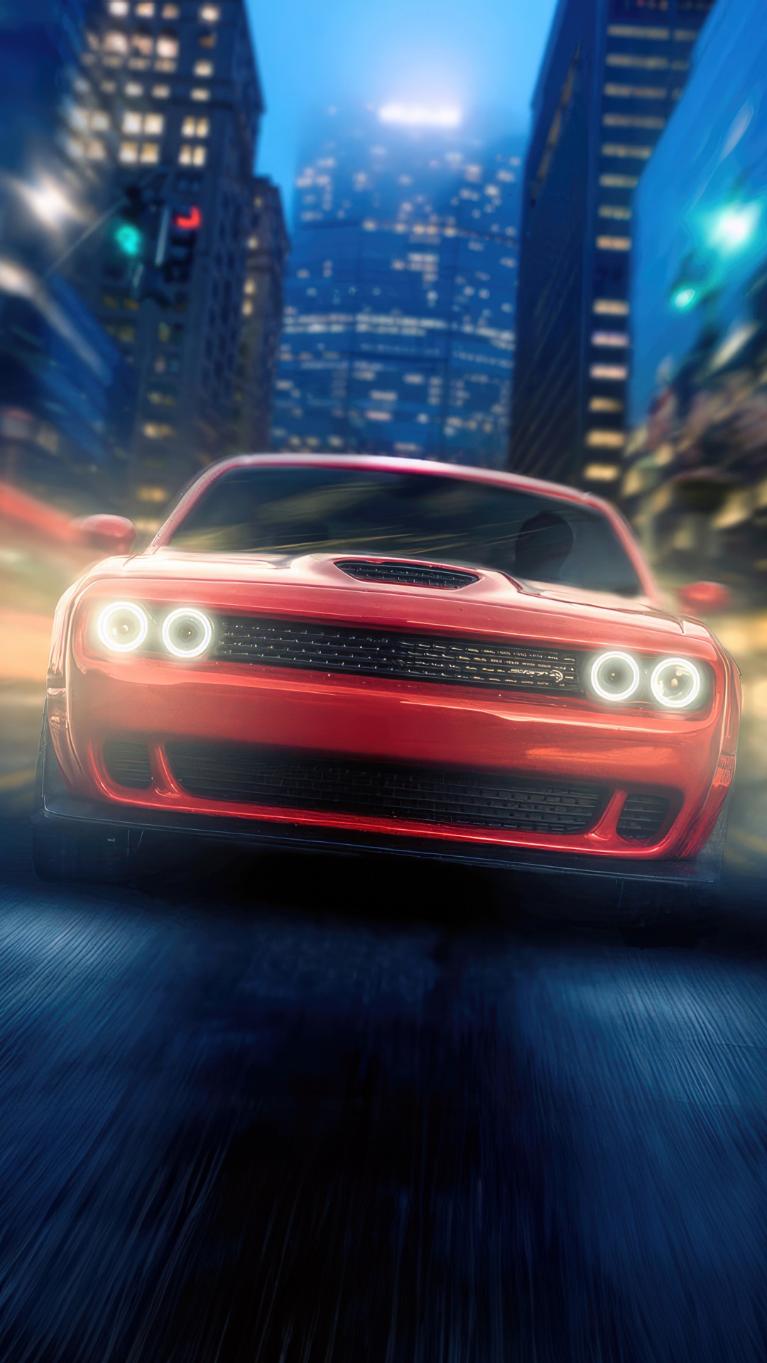 Red Dodge Challenger driving through city at night 4K HD Phone Wallpaper