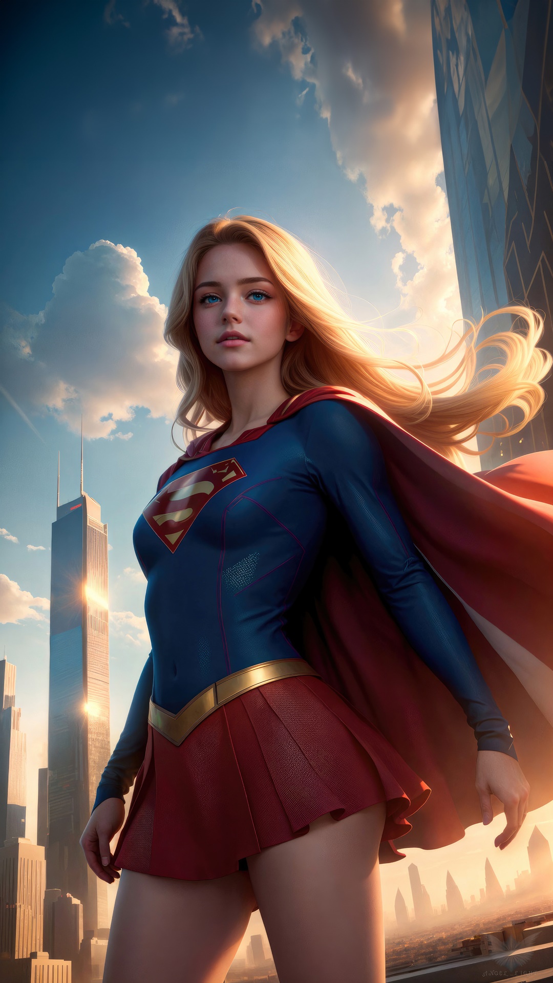 Supergirl standing in a city with skyscrapers HD Phone Wallpaper
