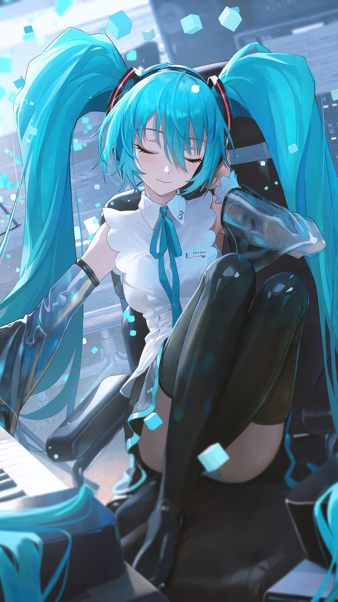 Hatsune Miku sitting by a keyboard HD Phone Wallpaper