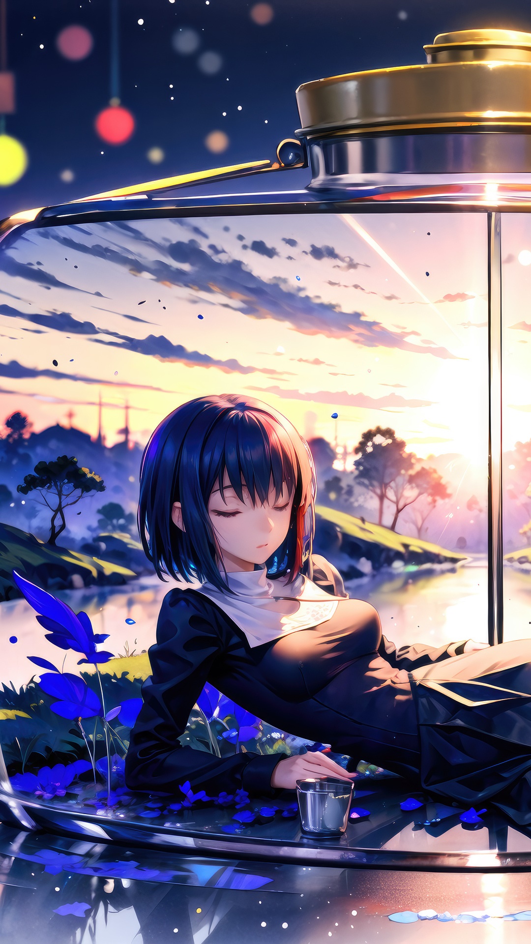 Anime girl resting by a lake at sunset HD Phone Wallpaper