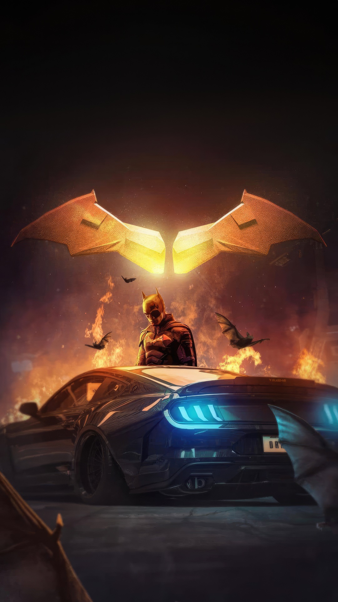 Batman and his car with bat symbol and flames HD Phone Wallpaper
