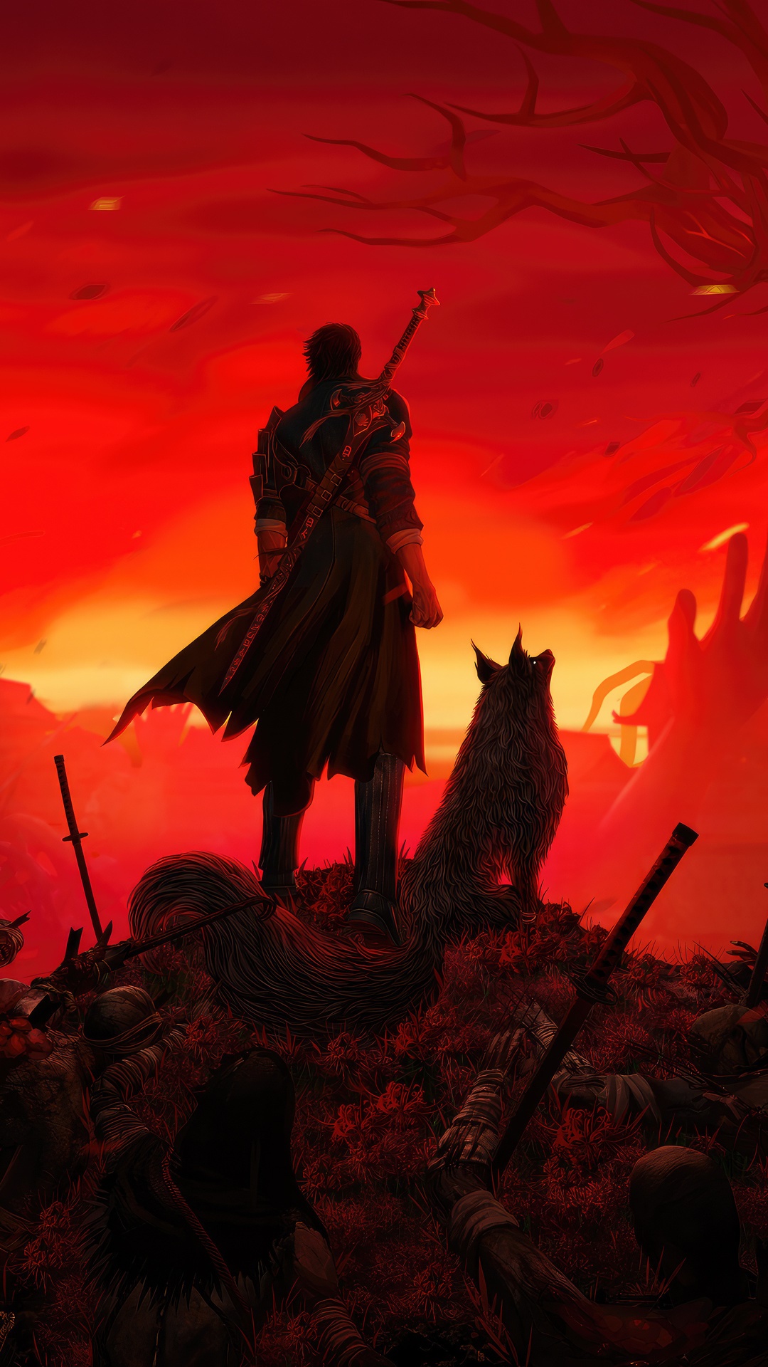Hellsweeper VR: A lone warrior and wolf survey a battlefield HD Phone Wallpaper