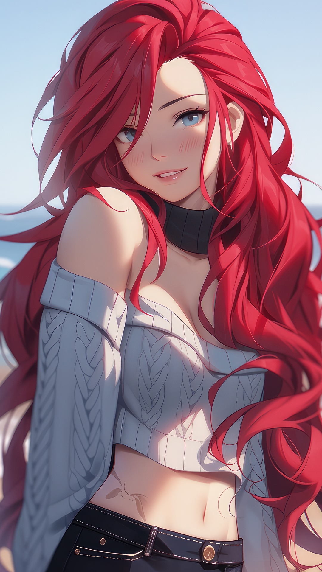 Anime girl with long red hair and blue eyes HD Phone Wallpaper