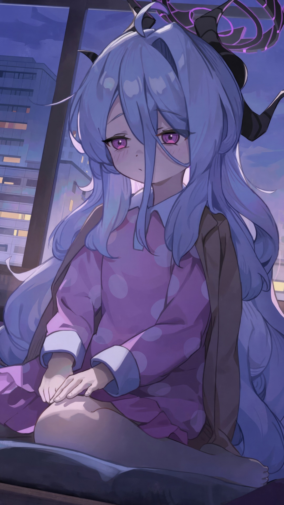 Anime girl with purple eyes and horns sitting by window HD Phone Wallpaper