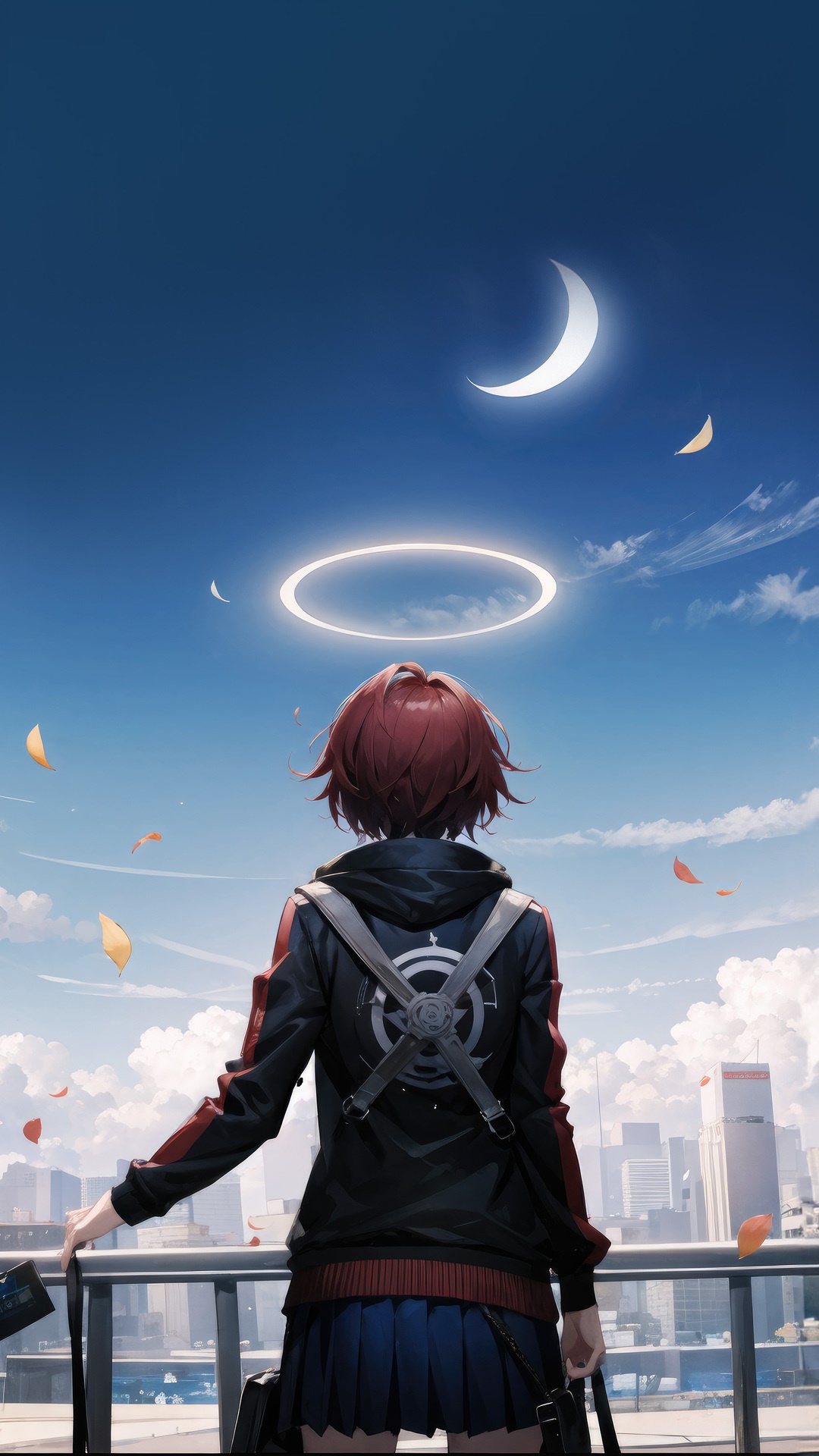 Anime girl with halo looking at the moon HD Phone Wallpaper