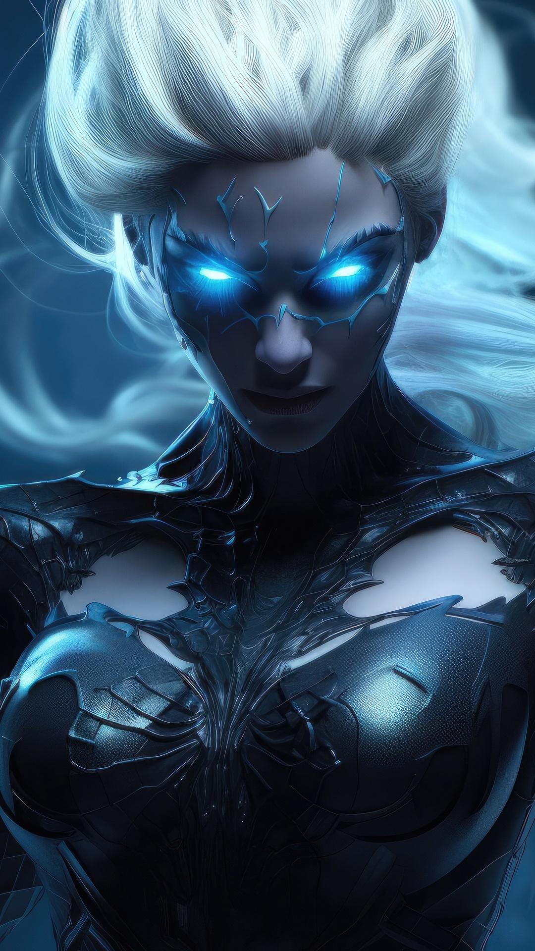 A woman with glowing blue eyes and white hair HD Phone Wallpaper
