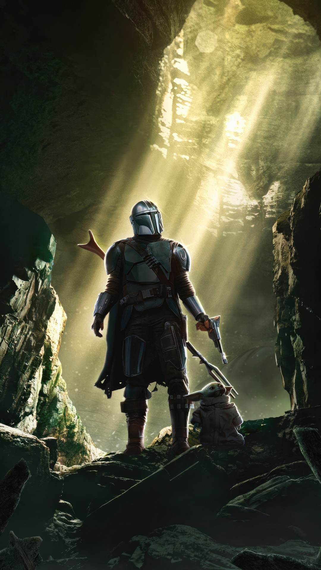 The Mandalorian and Grogu in a cave HD Phone Wallpaper