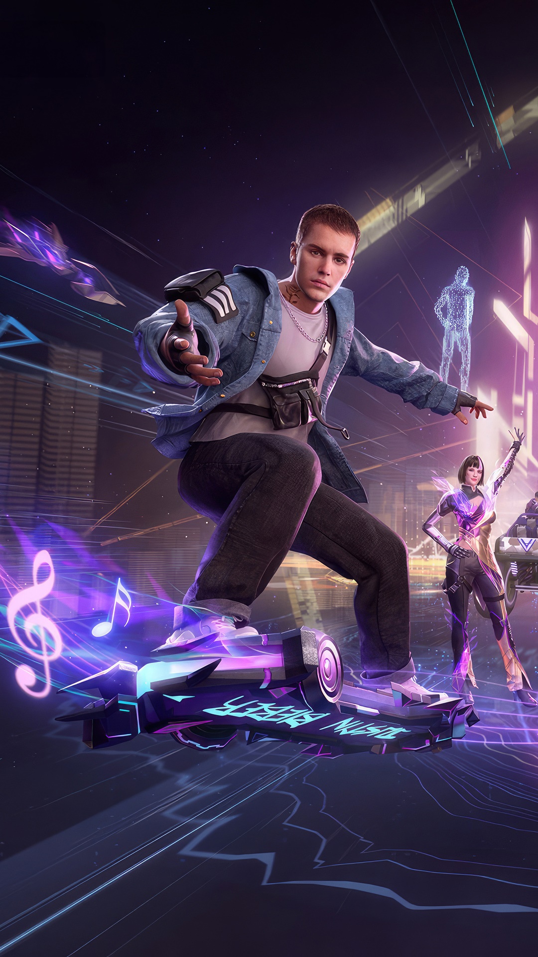 Garena Free Fire character on a hoverboard with music notes HD Phone Wallpaper