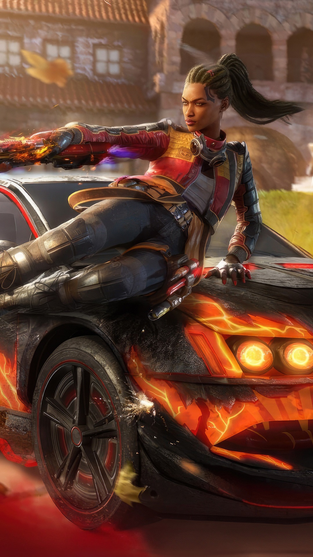 Call of Duty Mobile character on a flaming car HD Phone Wallpaper