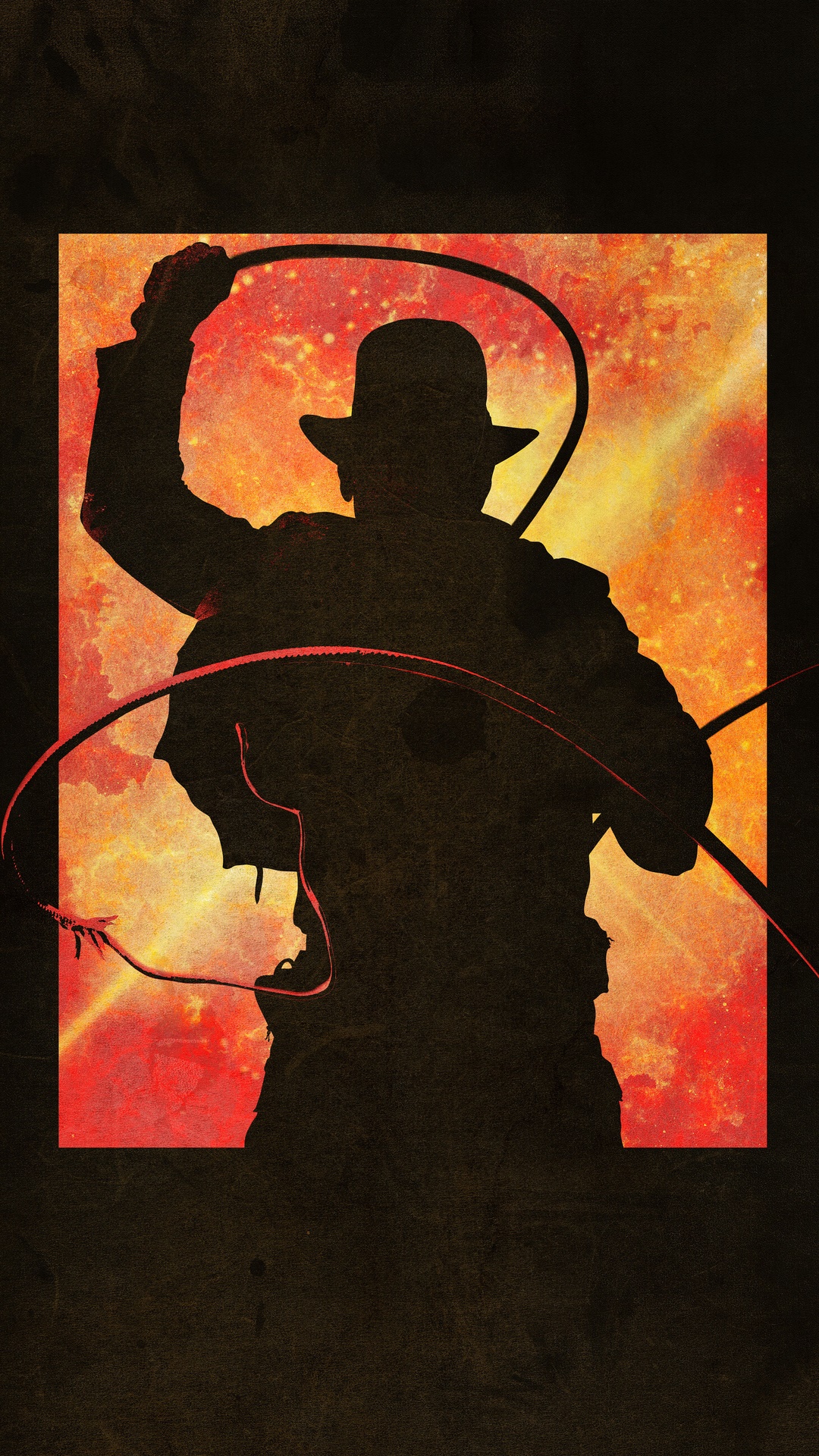 Indiana Jones silhouette with whip and fiery background HD Phone Wallpaper
