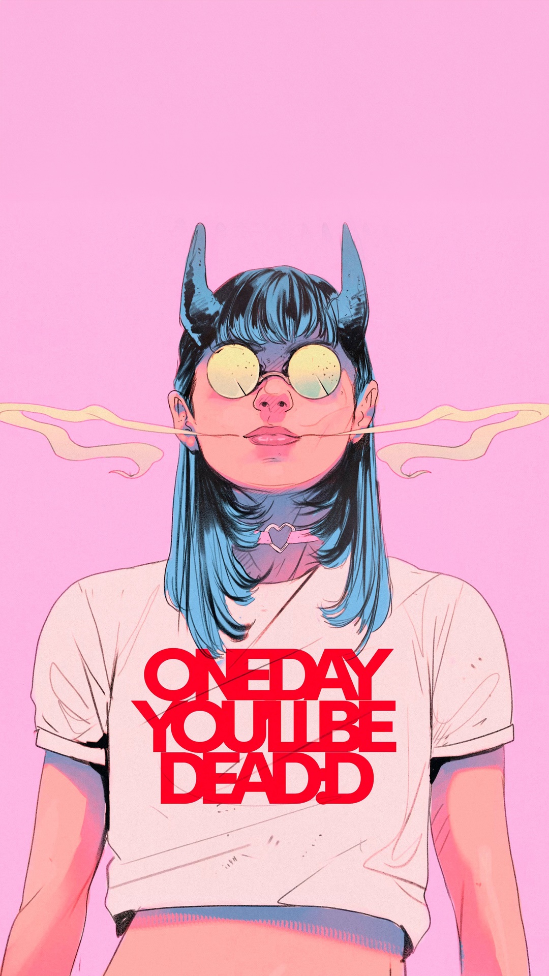 Artwork of a girl with blue hair and horns HD Phone Wallpaper