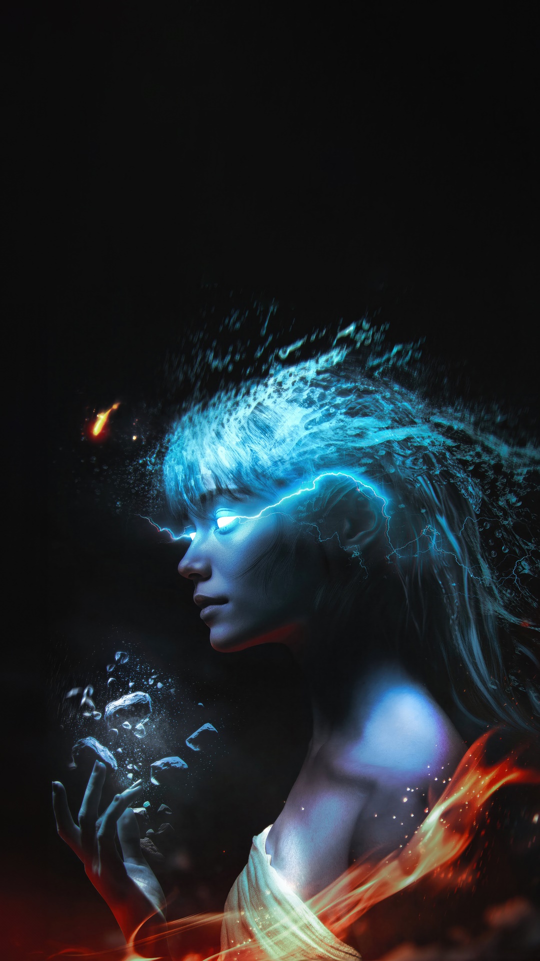 Digital Art of a Woman with Elemental Powers HD Phone Wallpaper