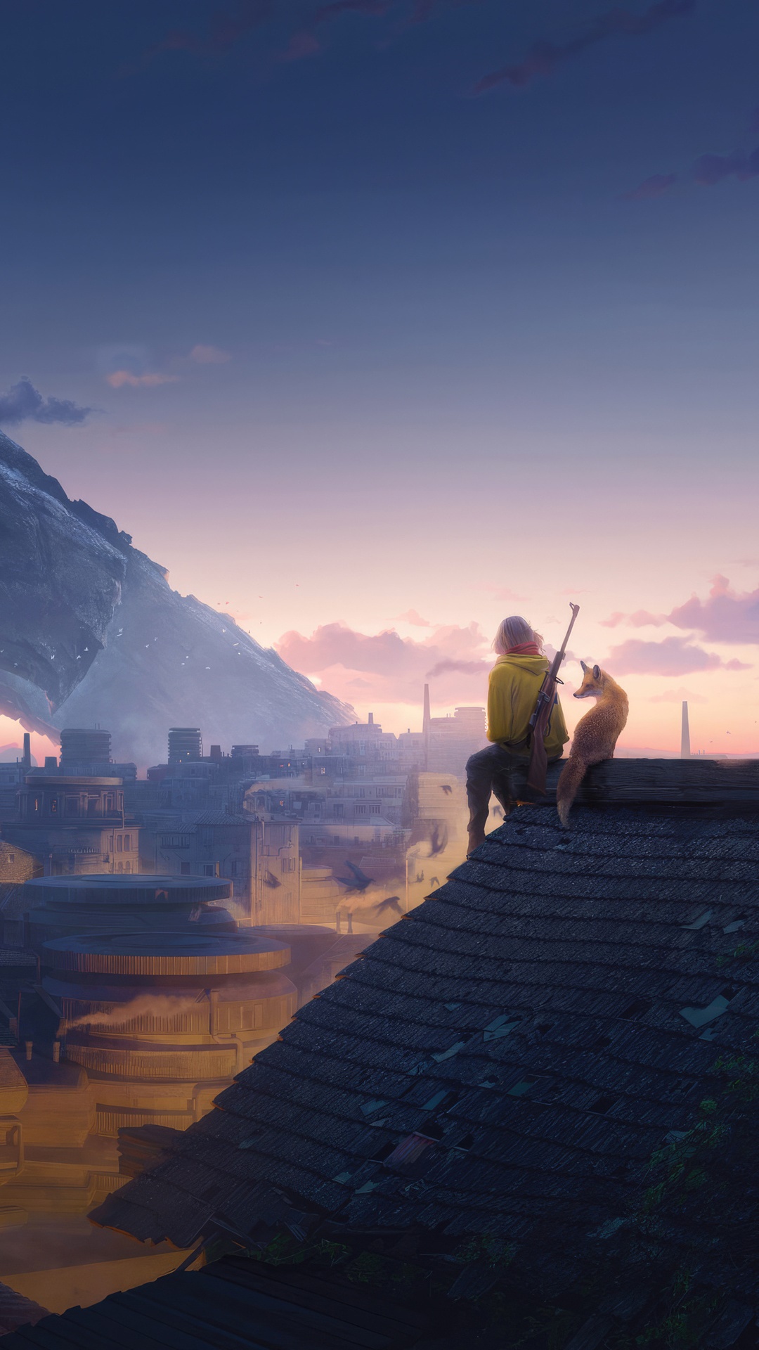 Girl with rifle and fox on rooftop at sunset HD Phone Wallpaper
