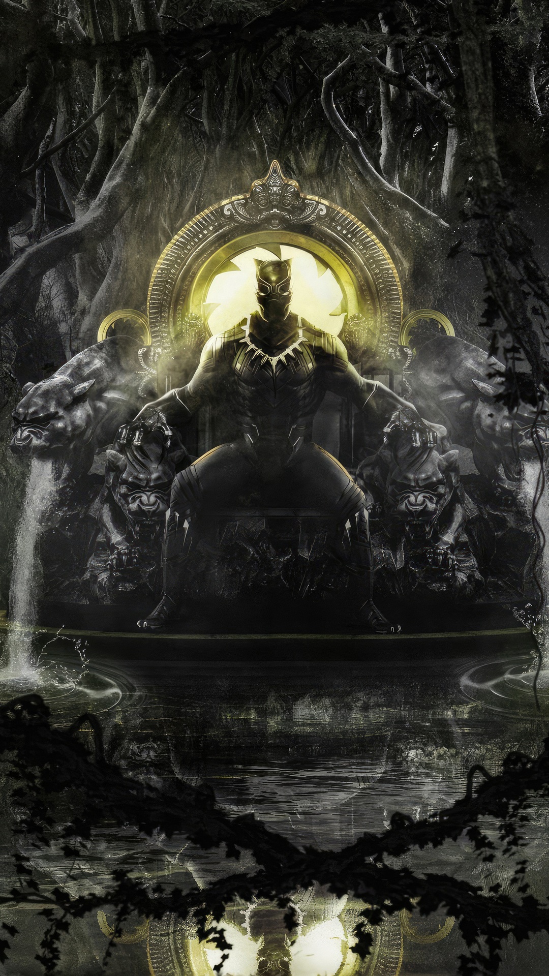 Black Panther Sitting on a Throne in a Dark Forest HD Phone Wallpaper