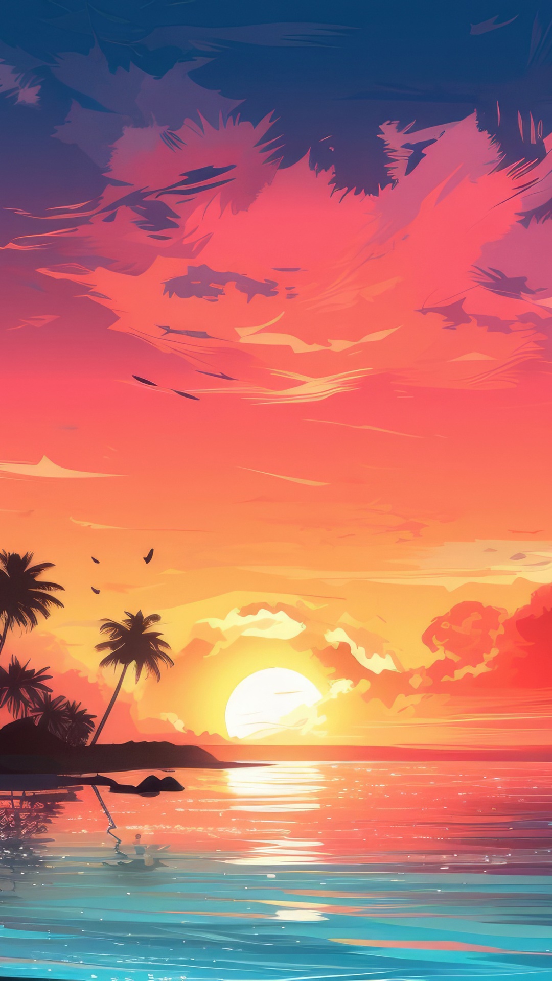 Minimalist digital art of a tropical sunrise over the ocean HD Phone Wallpaper