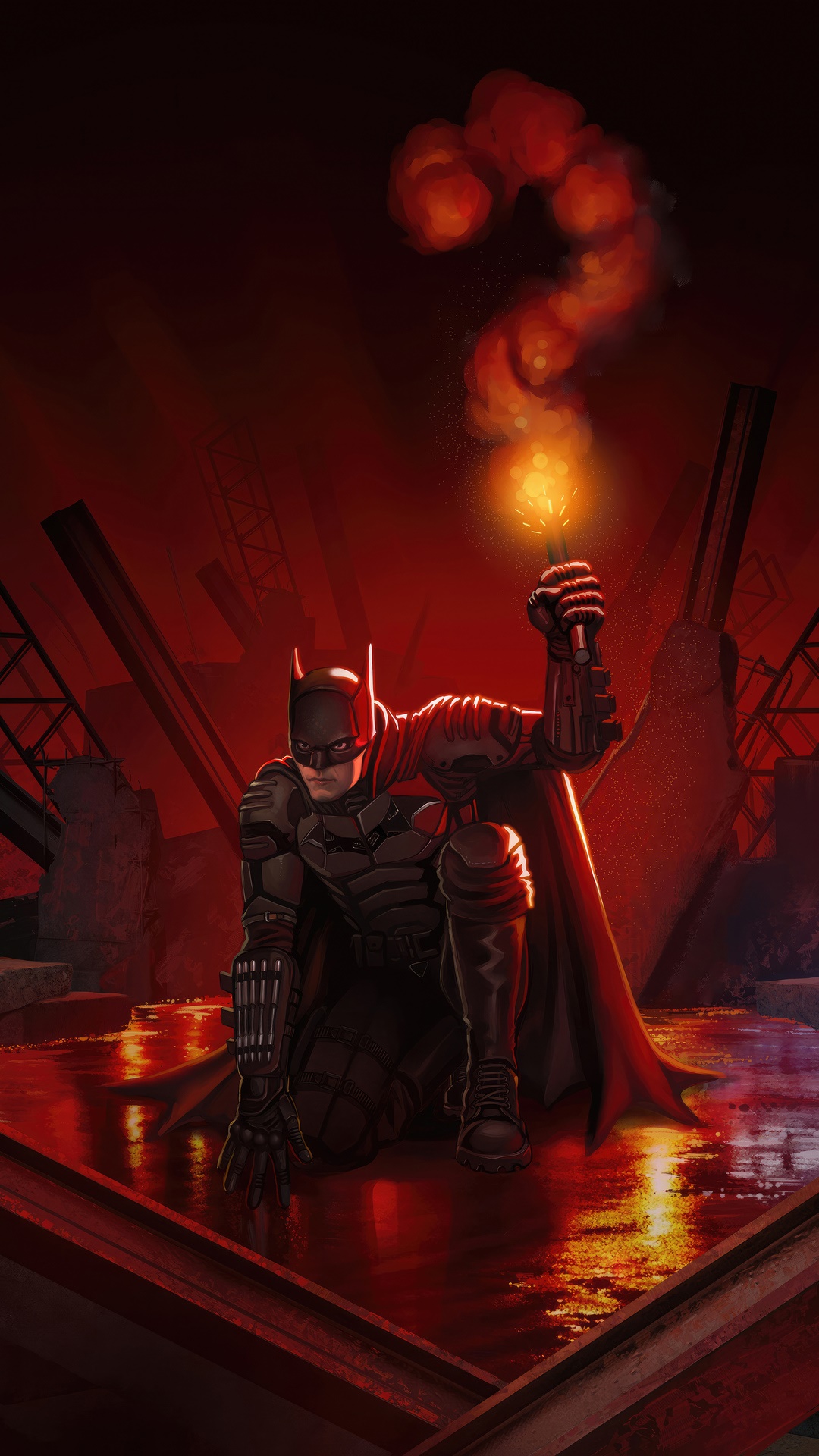 The Batman holding a flare in a destroyed city HD Phone Wallpaper