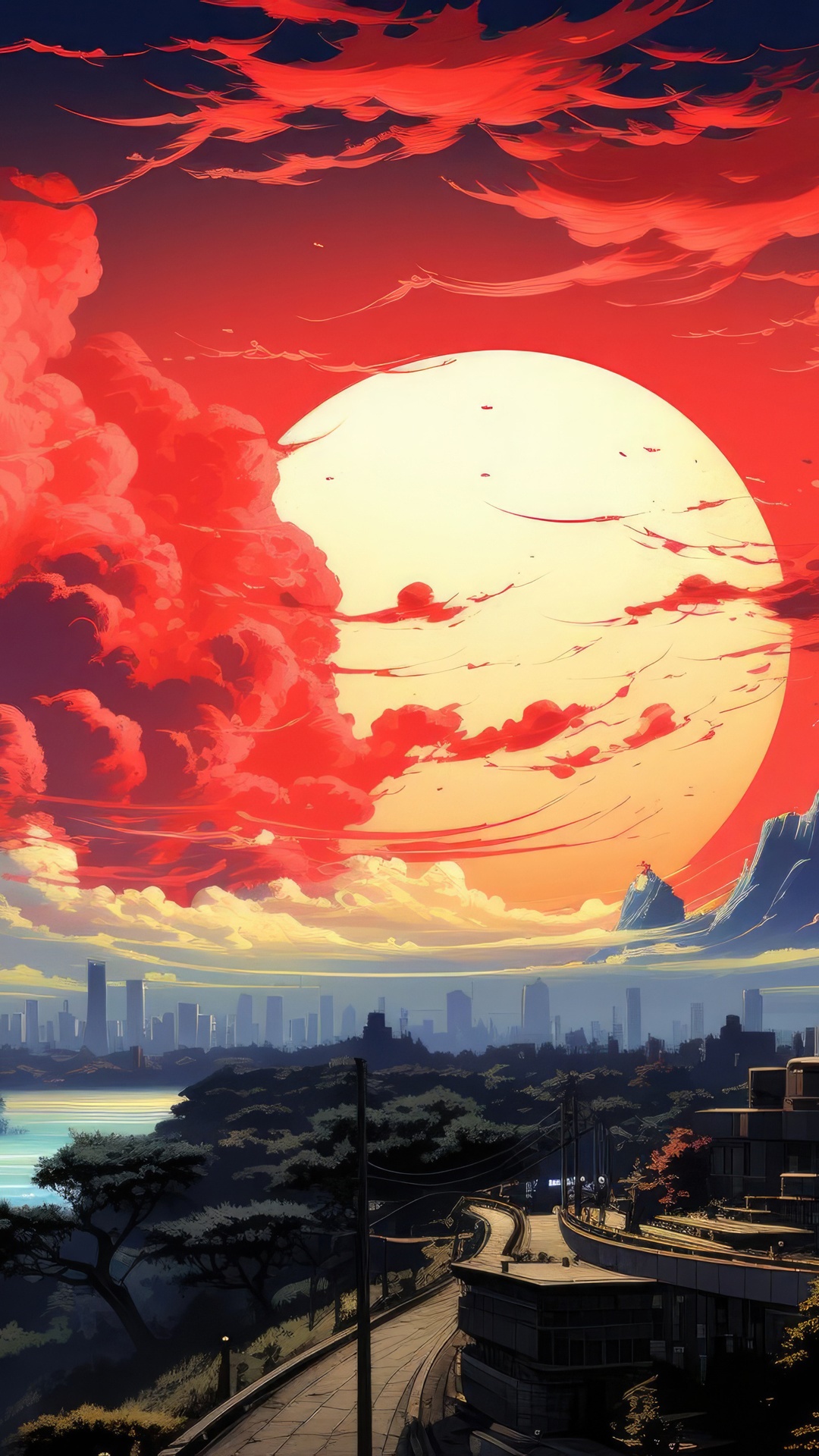 Digital art cityscape with a large sun and red clouds HD Phone Wallpaper