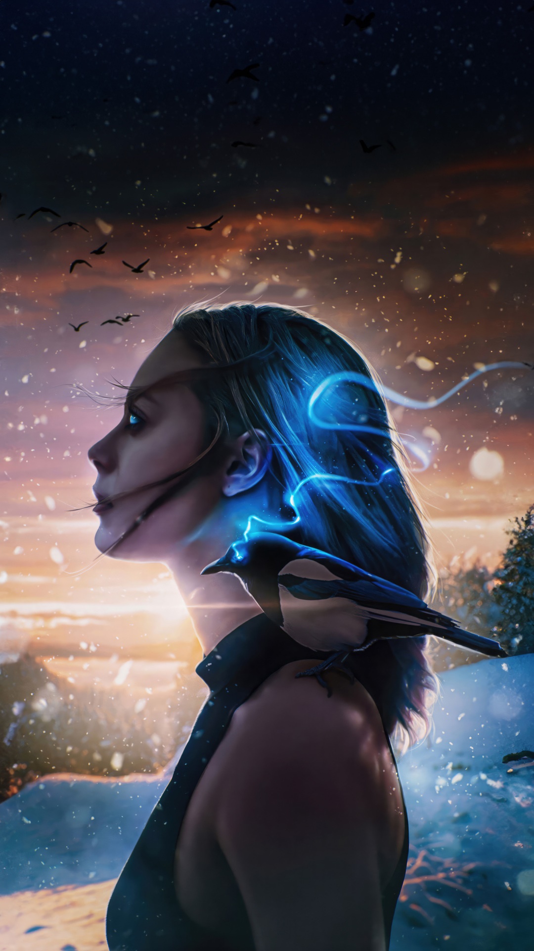 Digital art of a woman with a bird HD Phone Wallpaper