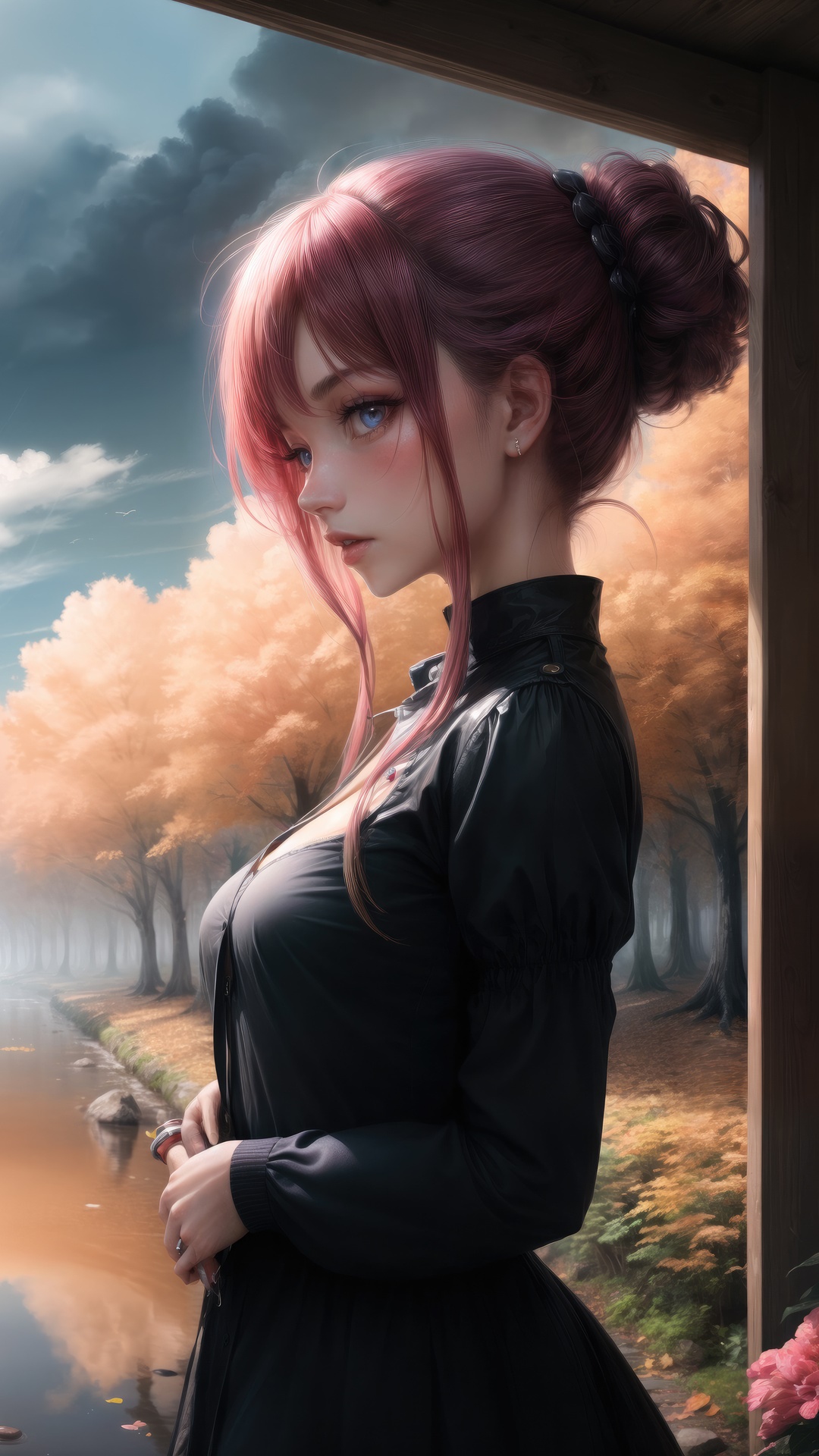 Anime girl with pink hair in a black dress HD Phone Wallpaper