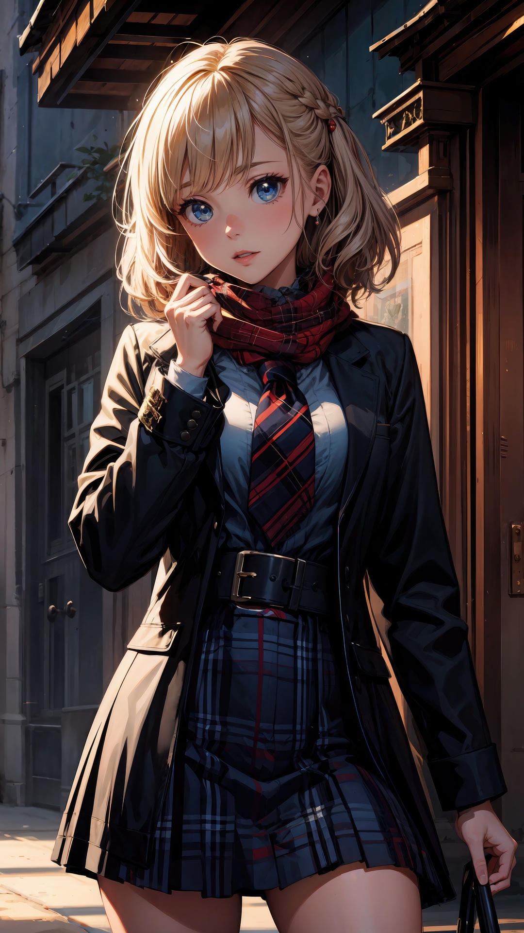 Anime girl in school uniform with scarf and jacket HD Phone Wallpaper