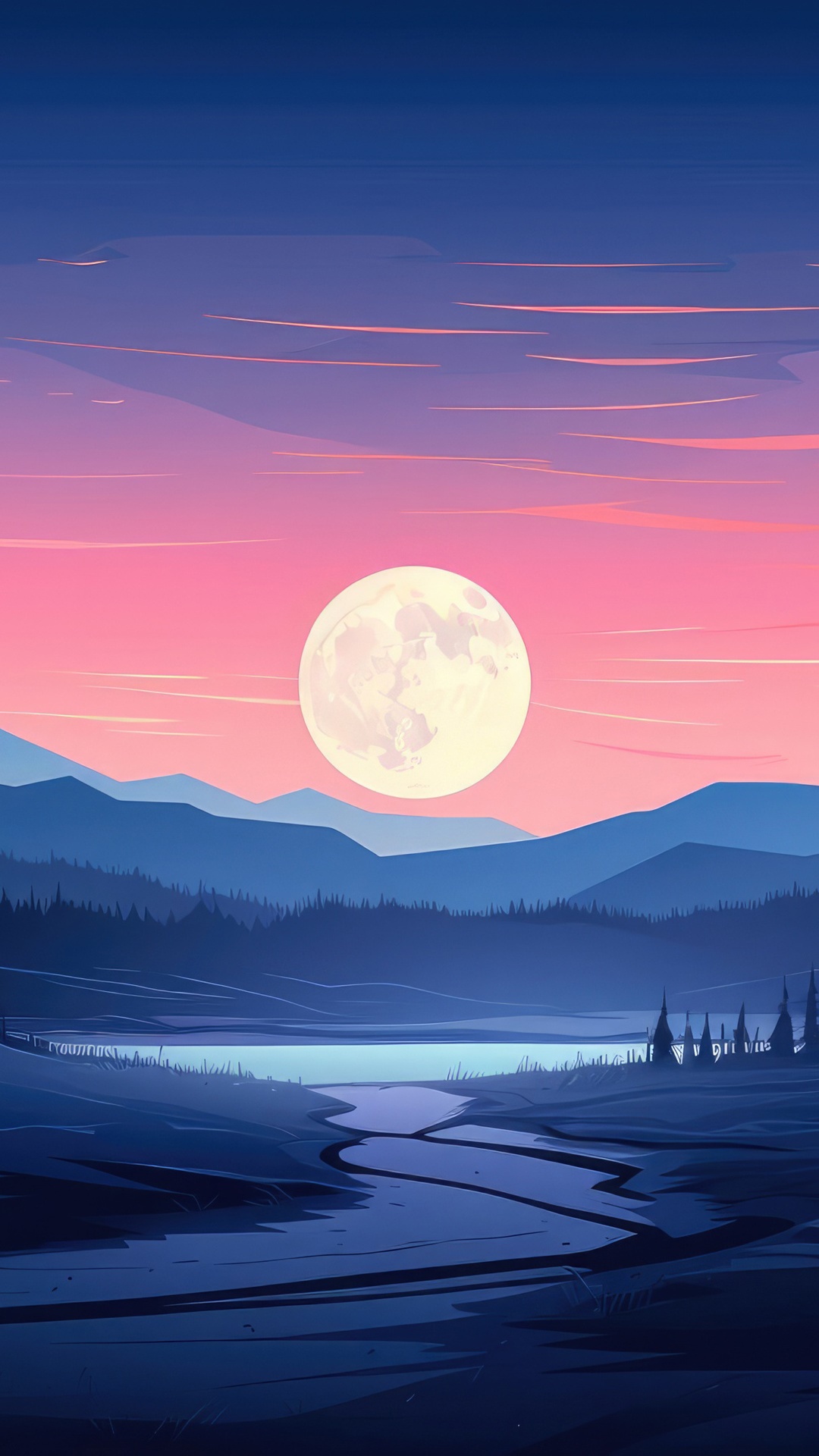 Minimalist landscape with moon and mountains at dusk HD Phone Wallpaper