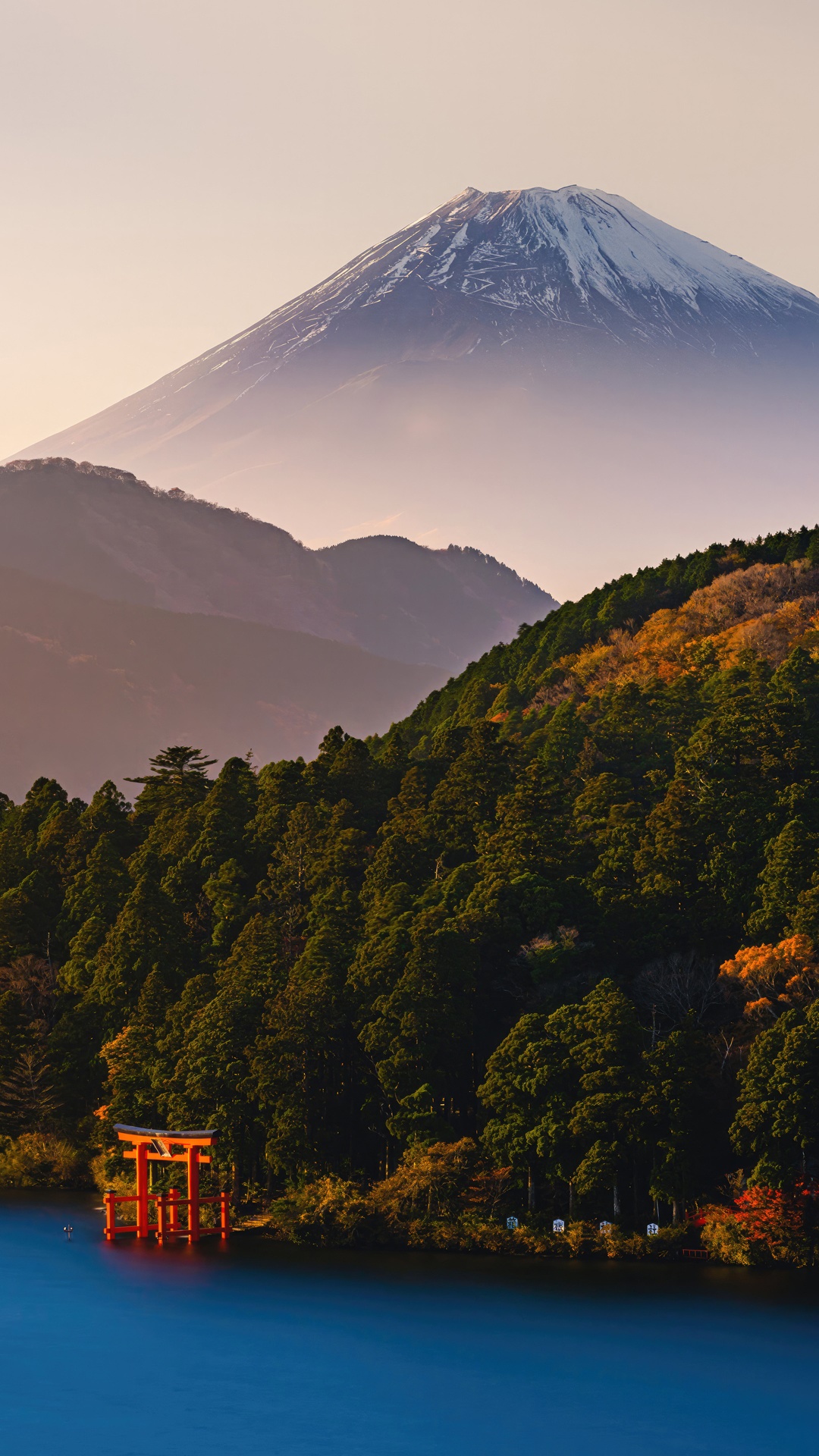 Mount Fuji and a red torii gate by a lake HD Phone Wallpaper