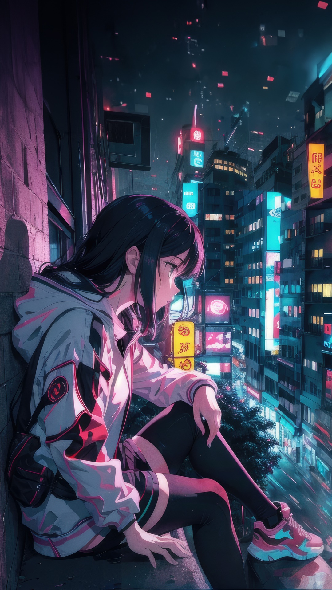 Anime girl sitting on a ledge overlooking a neon city HD Phone Wallpaper