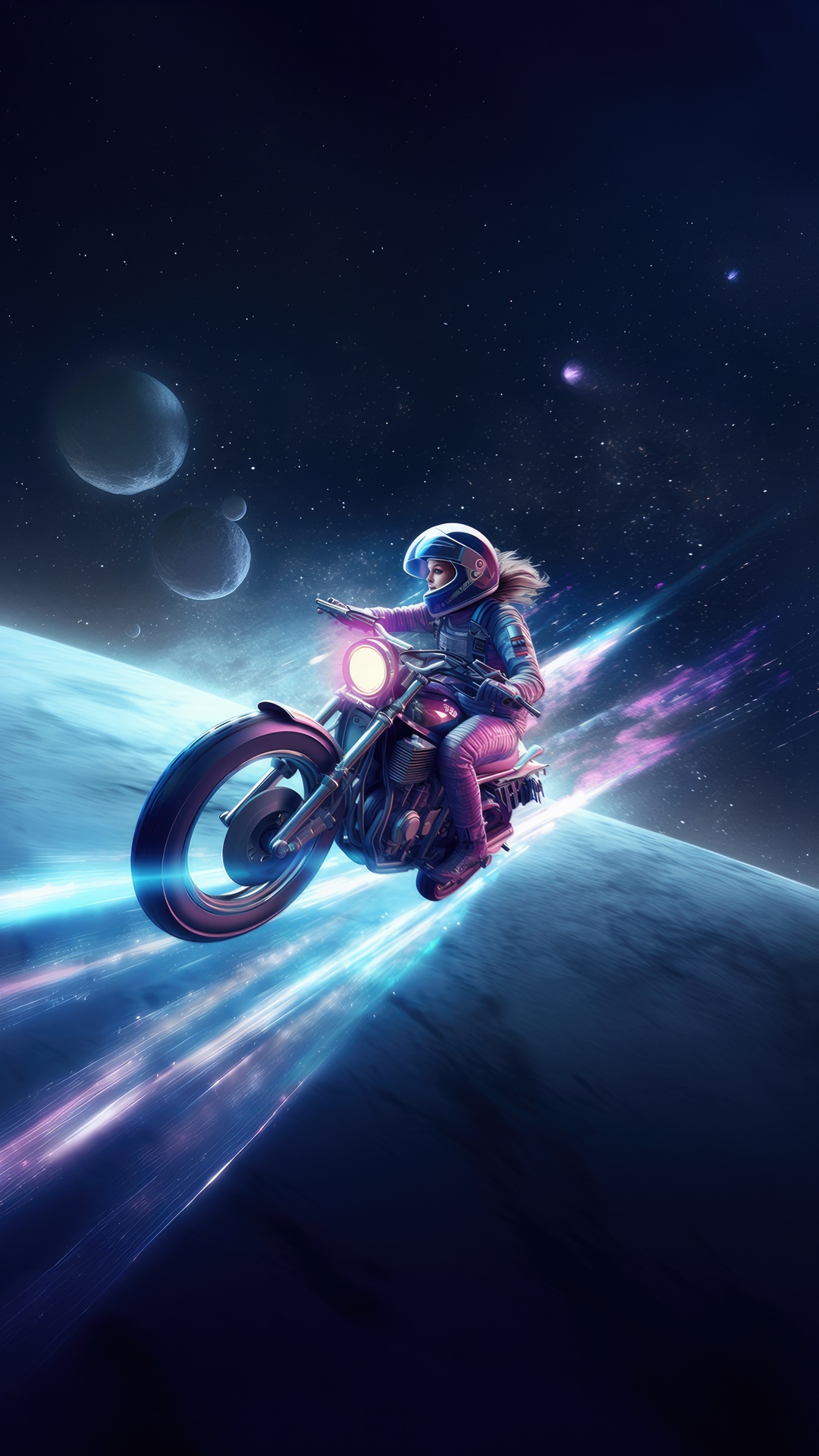 Astronaut biker riding a motorcycle through space HD Phone Wallpaper