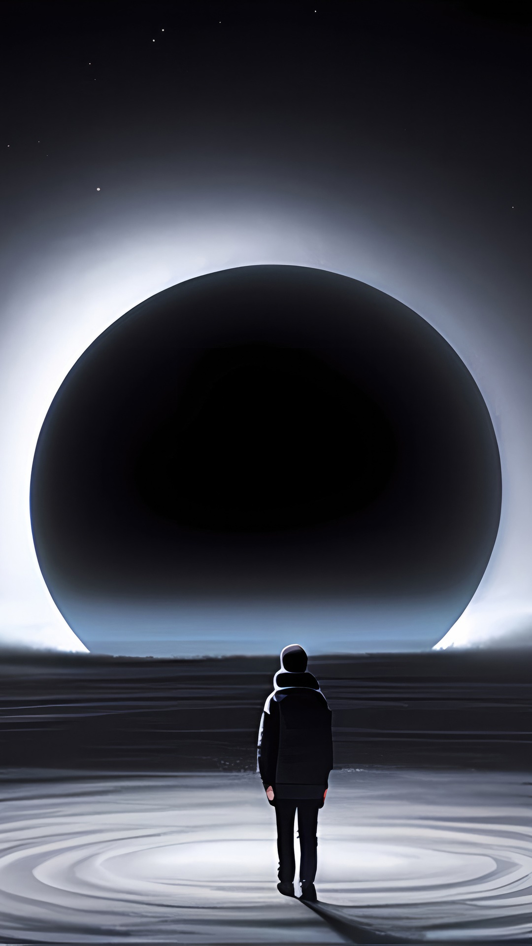 Person standing before a large black sphere in space HD Phone Wallpaper