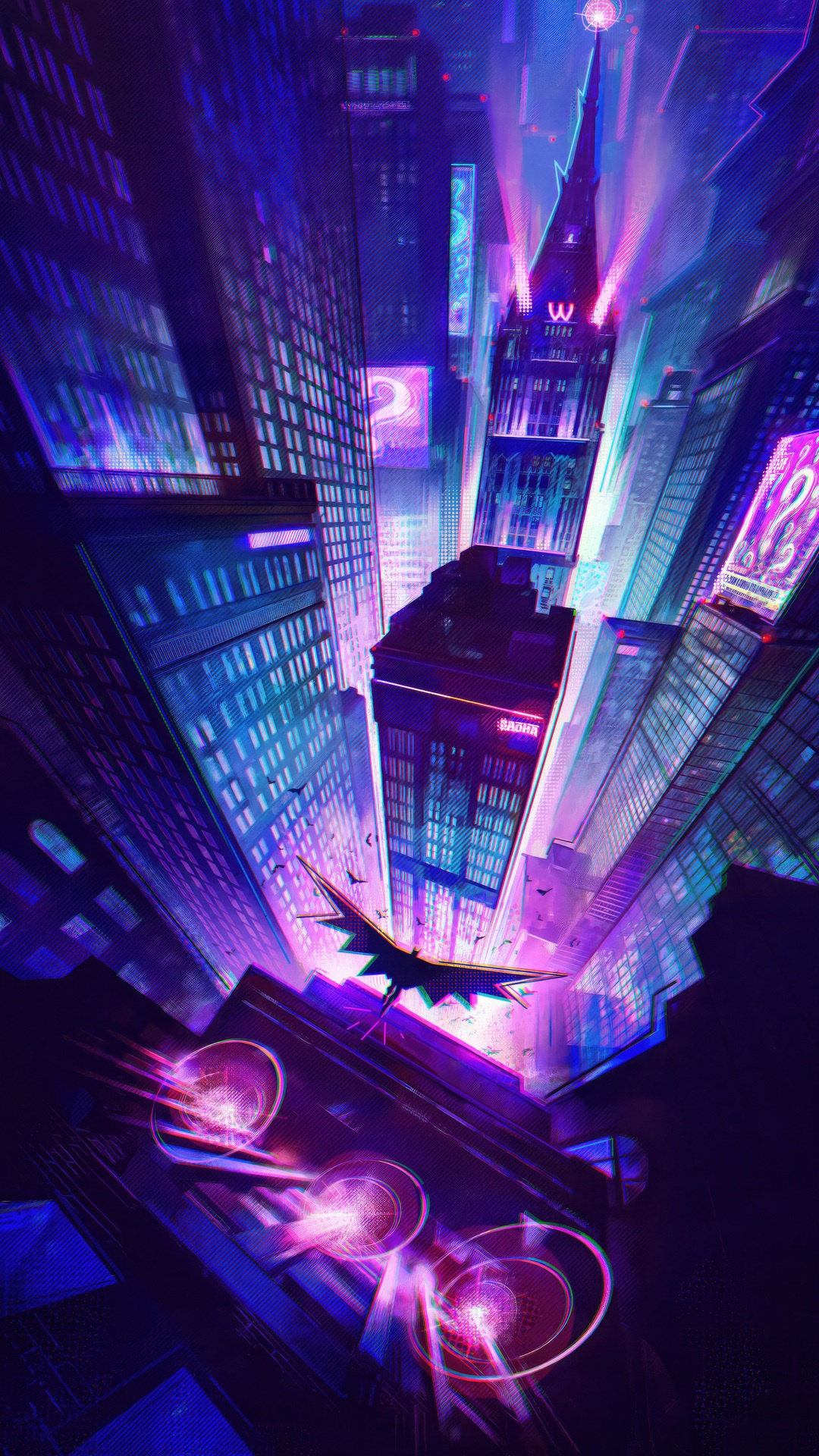 Batman flying over a neon city at night HD Phone Wallpaper