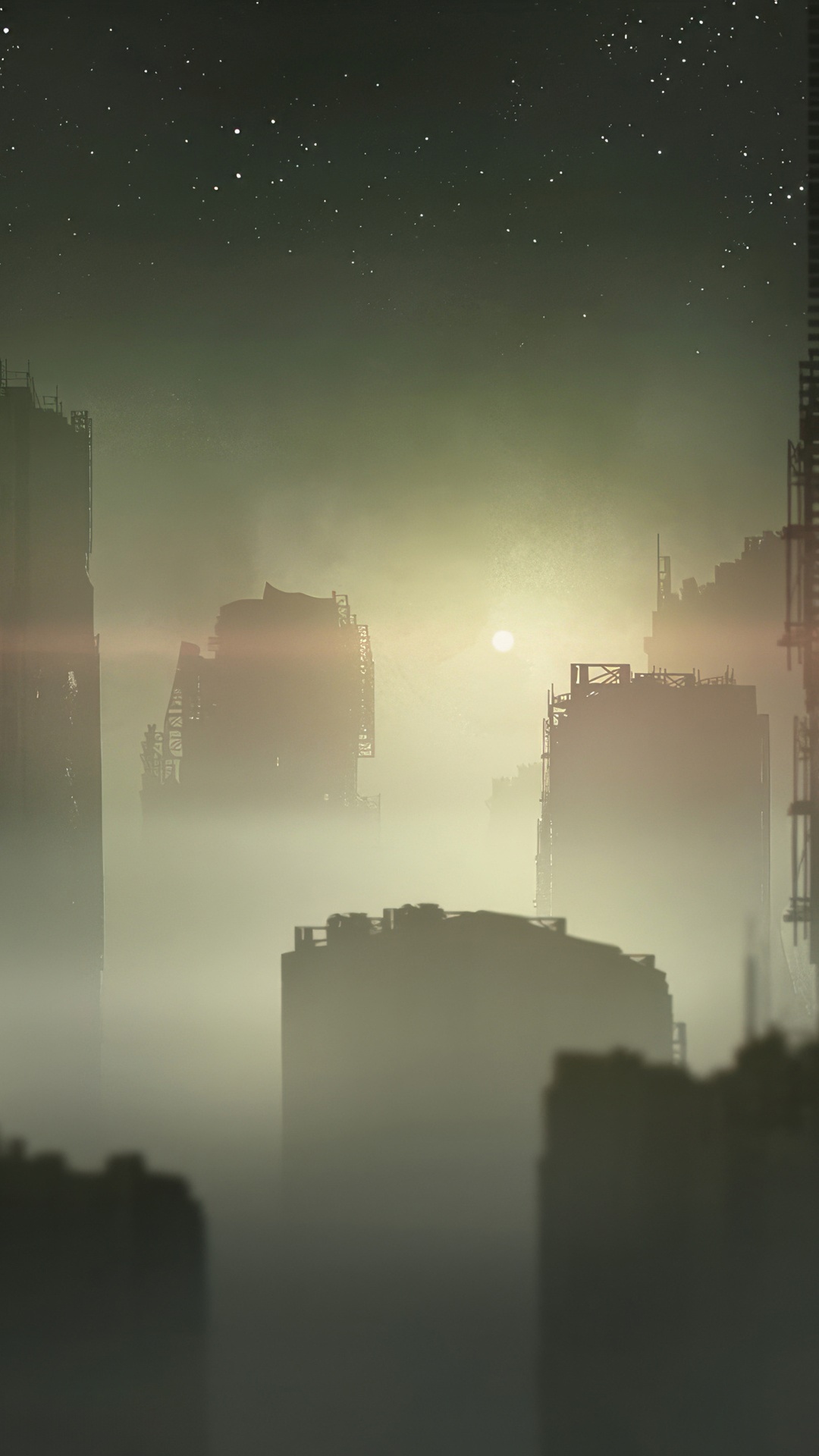 Digital art of a foggy city at night HD Phone Wallpaper