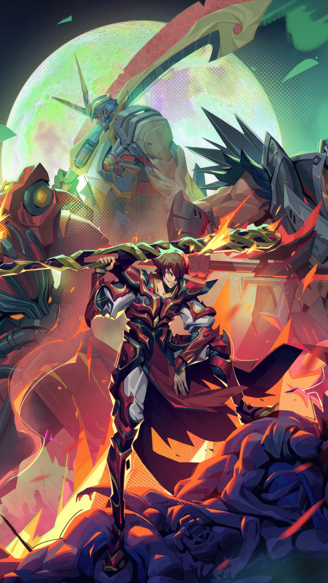 Artwork of a warrior in red armor with a large sword HD Phone Wallpaper
