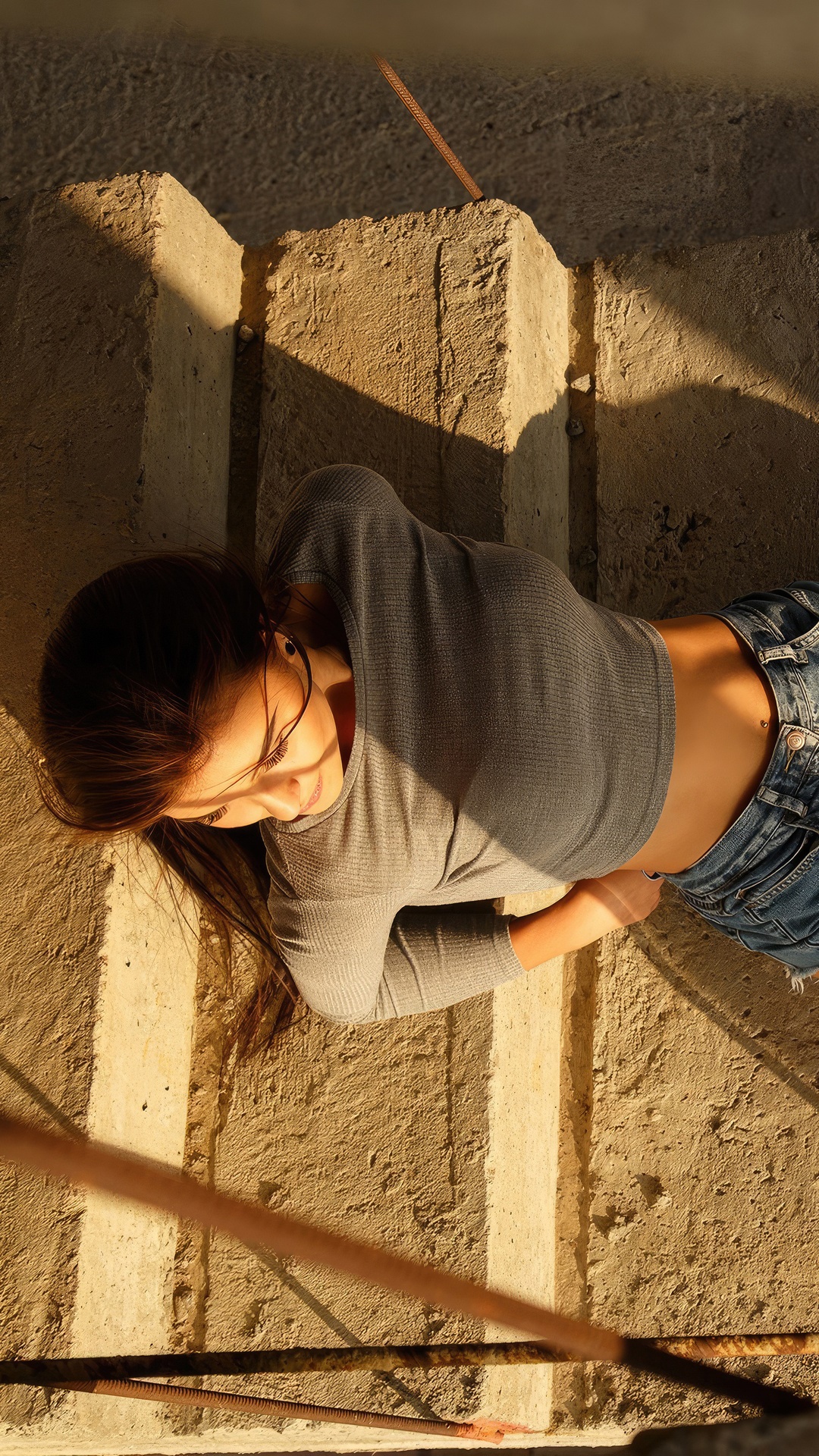 Brunette girl in crop top and jeans on stairs HD Phone Wallpaper