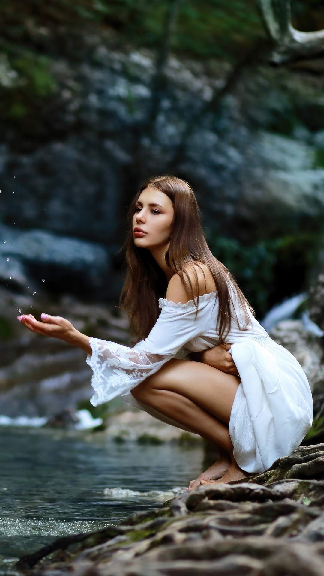 Girl in white dress by the water HD Phone Wallpaper