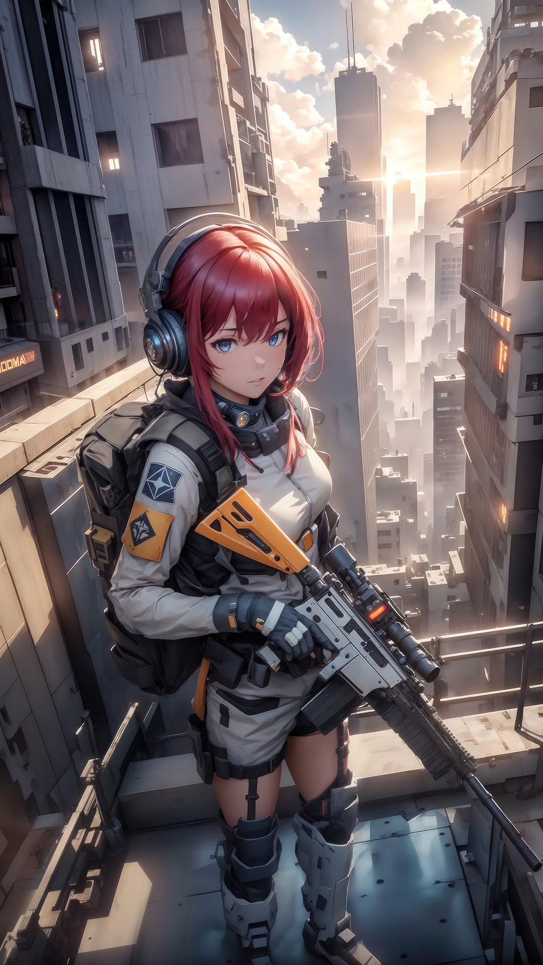 Anime Girl with Sniper Rifle in Futuristic City HD Phone Wallpaper