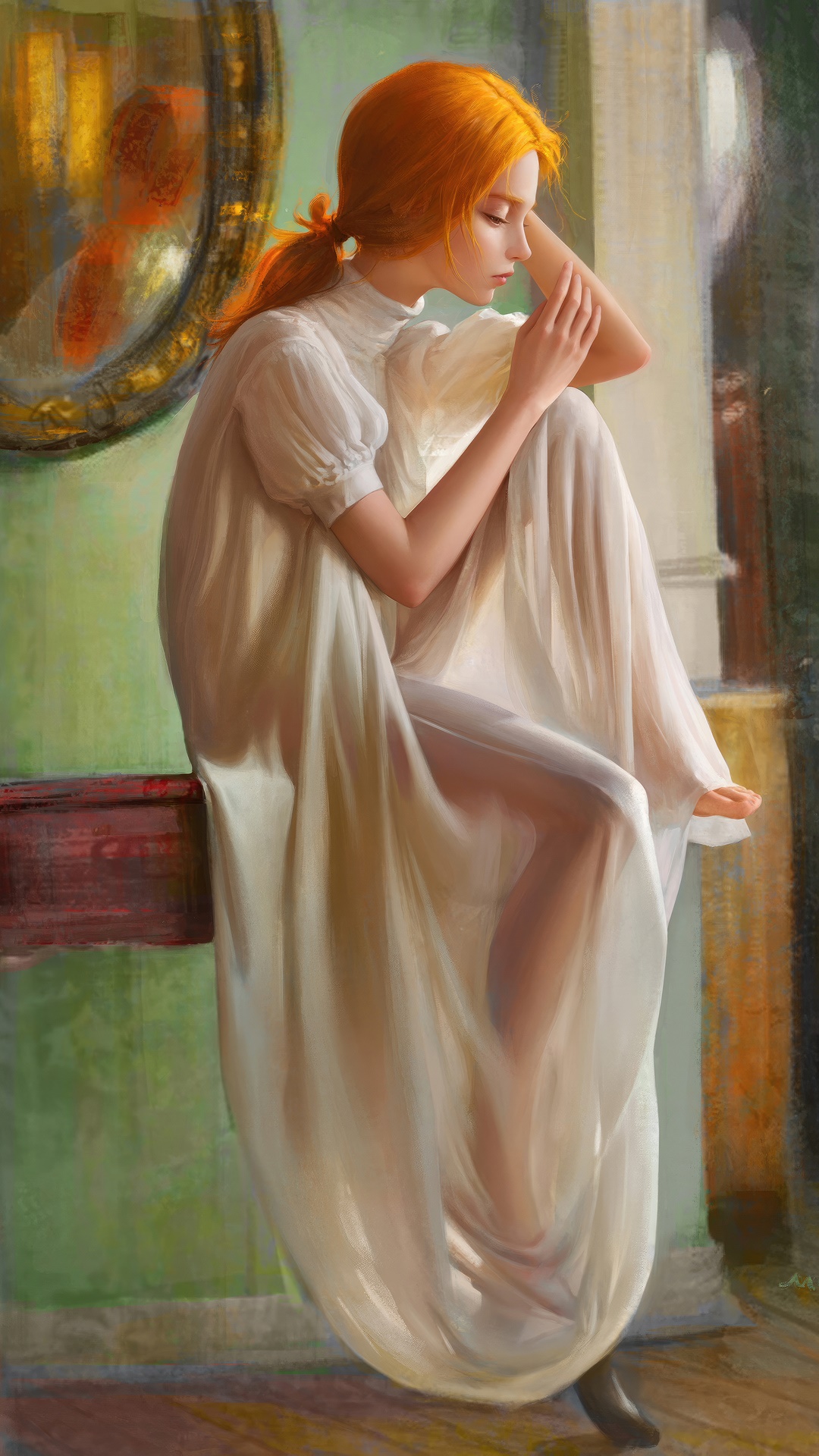 Artwork of a woman with orange hair in a white dress HD Phone Wallpaper